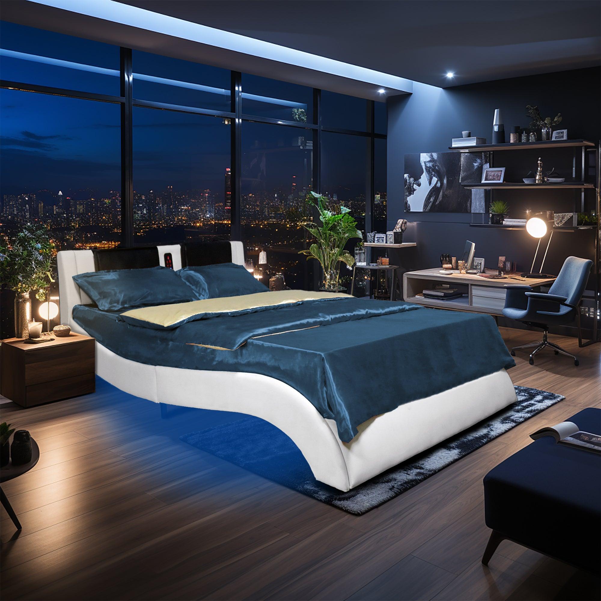 🆓🚛 Queen Size Faux Leather Upholstered Platform Bed Frame W/ Led Lighting, Bluetooth Connection, Backrest Vibration Massage, Exhibited Speakers, Curve Design