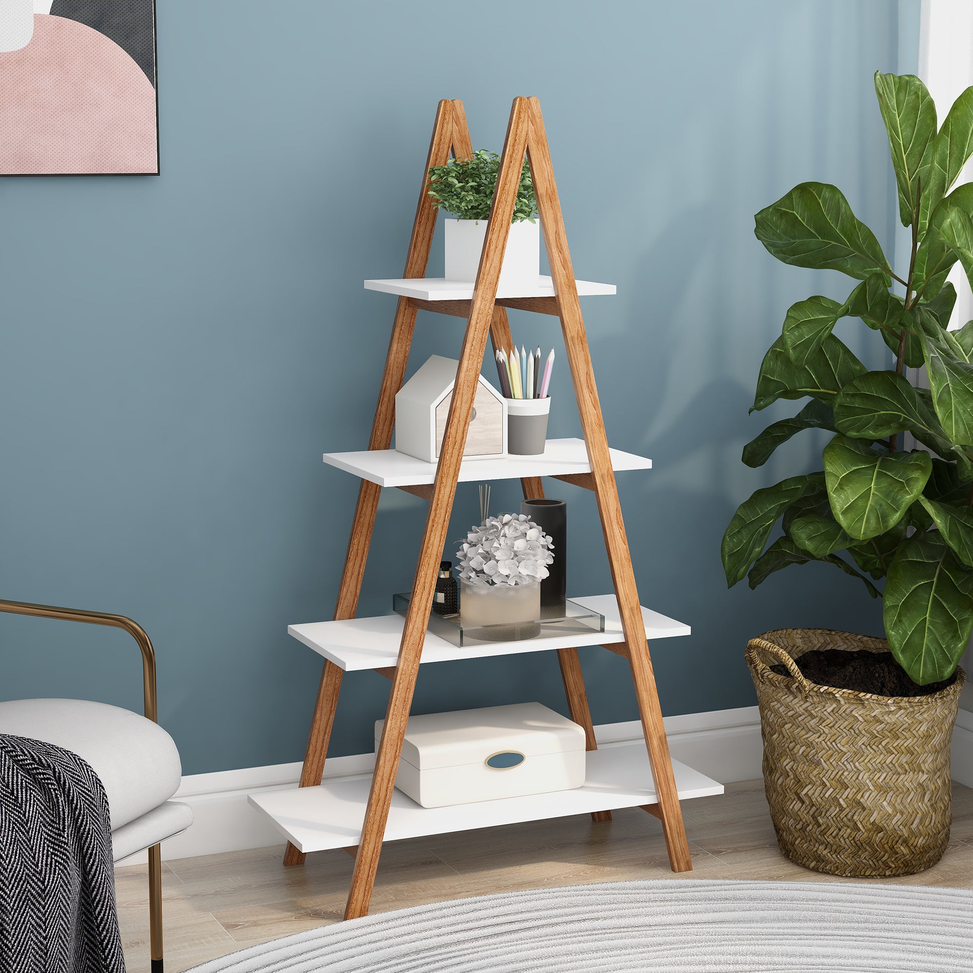 🆓🚛 Solid Bamboo Wood Oxford "A" Shape Ladder Display Bookshelf