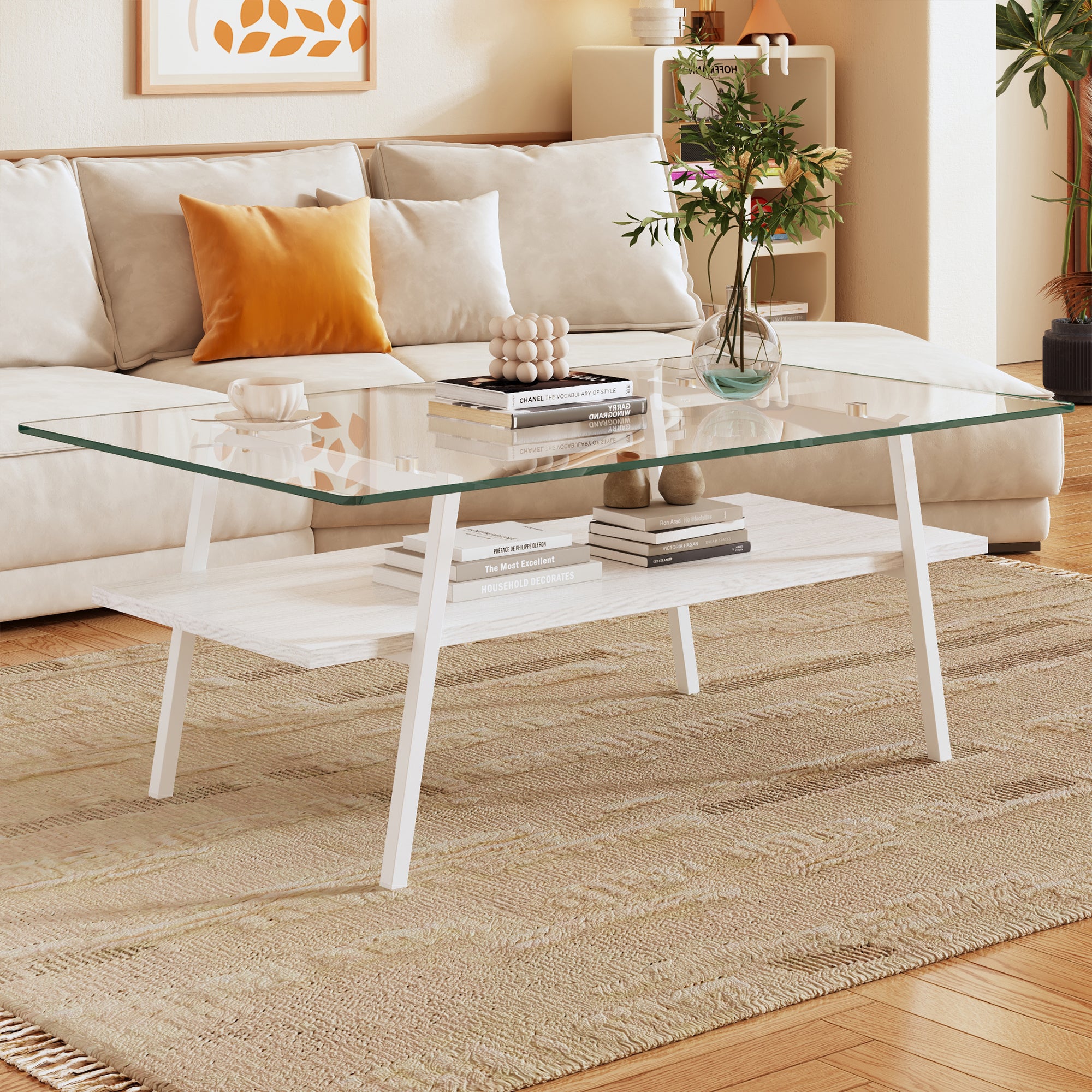 🆓🚛 Rectangle Coffee Table, Tempered Glass Tabletop With White Metal Legs, Modern Table for Living Room, Transparent Glass, White Legs