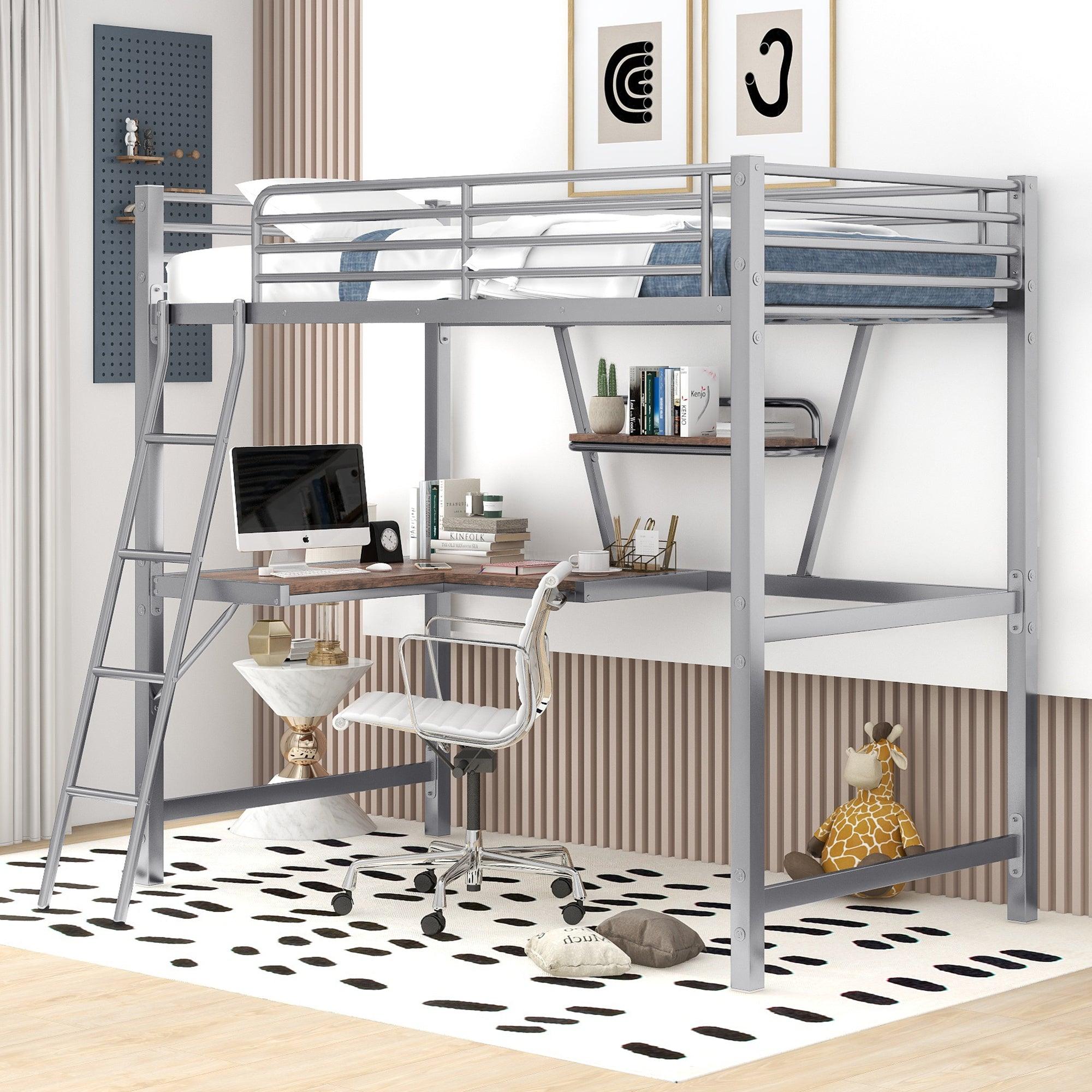 🆓🚛 Twin Size Loft Metal & Mdf Bed With Desk & Shelf, Silver