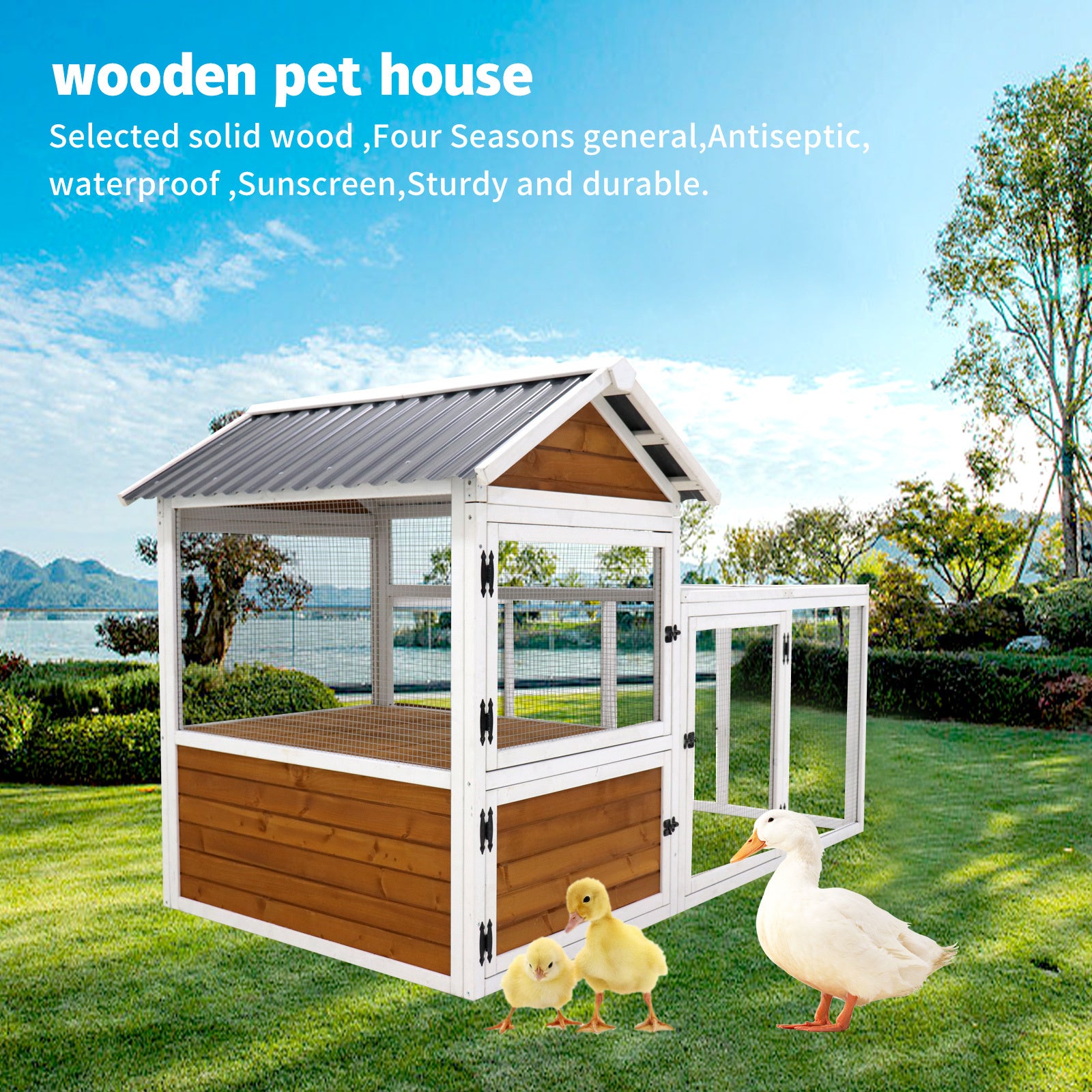 🆓🚛 Large Outdoor Chicken Coop Wooden Chicken Coop, Duck Coop With Nest Box, Bird Cage, Rabbit Cage - Waterproof PVC Board, Yellow Brown