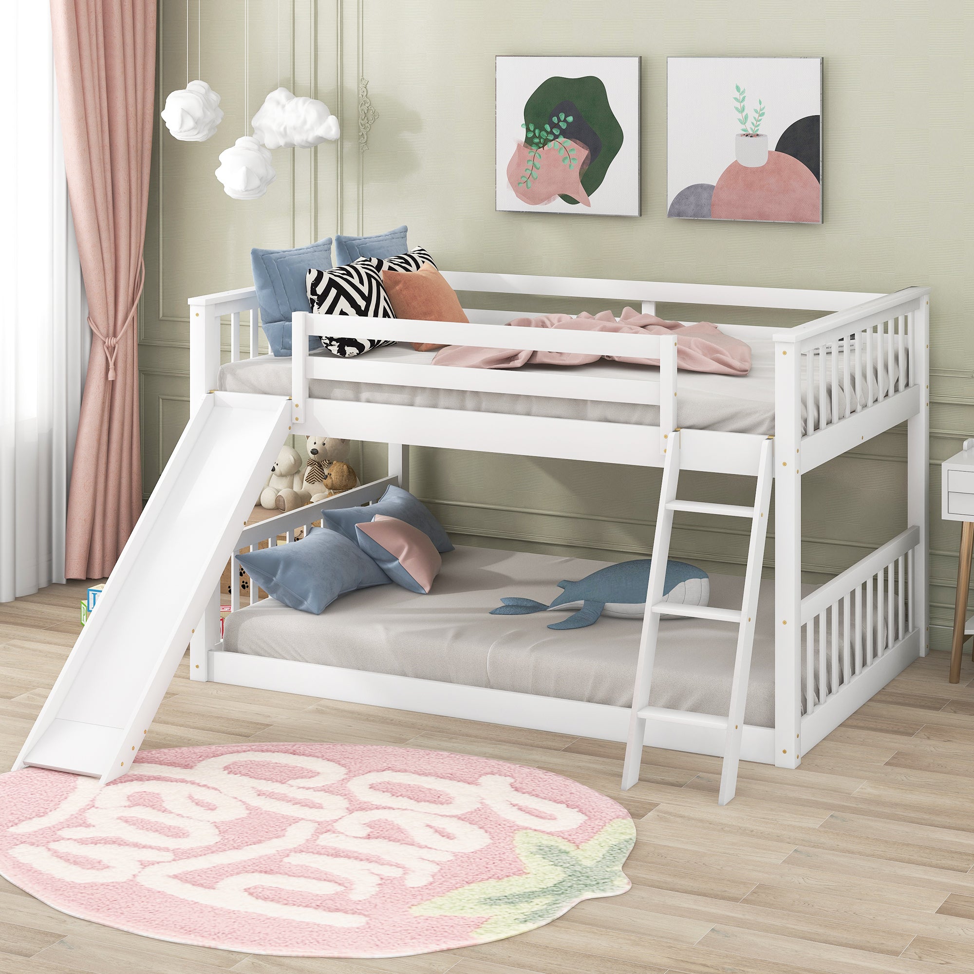 🆓🚛 Full Over Full Bunk Bed With Convertible Slide and Ladder, White