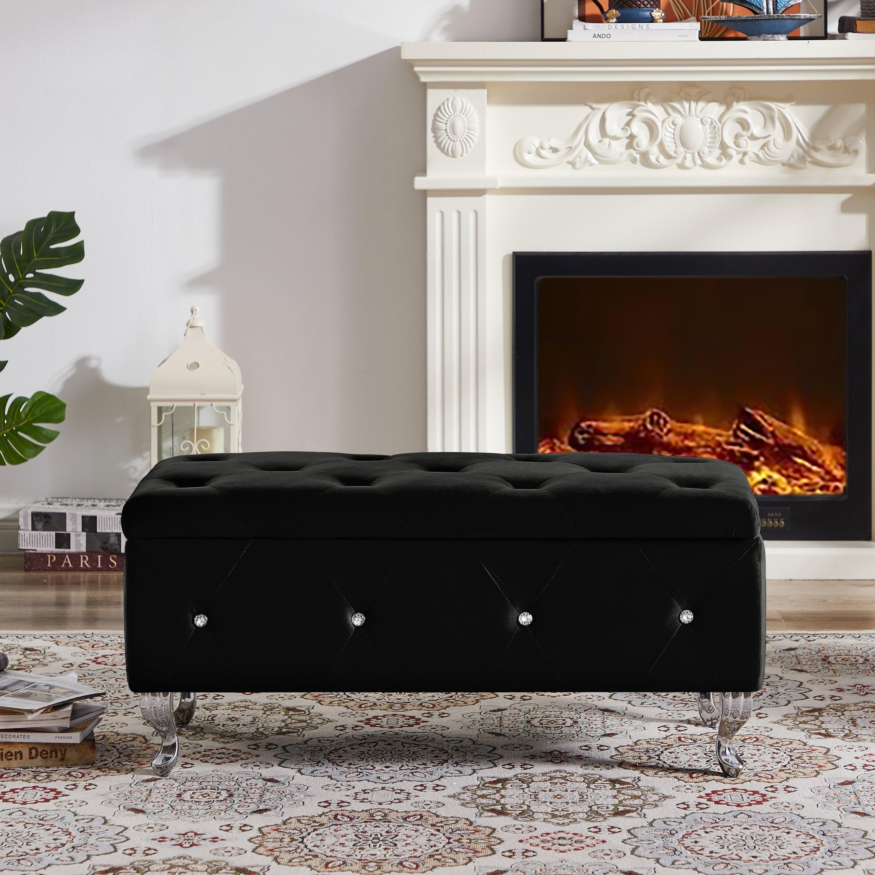 🆓🚛 Upholstered Velvet Storage Ottoman Bench, Flip Top, Metal Leg With Footpad, for Living Room, Entryway, Bedroom, Black