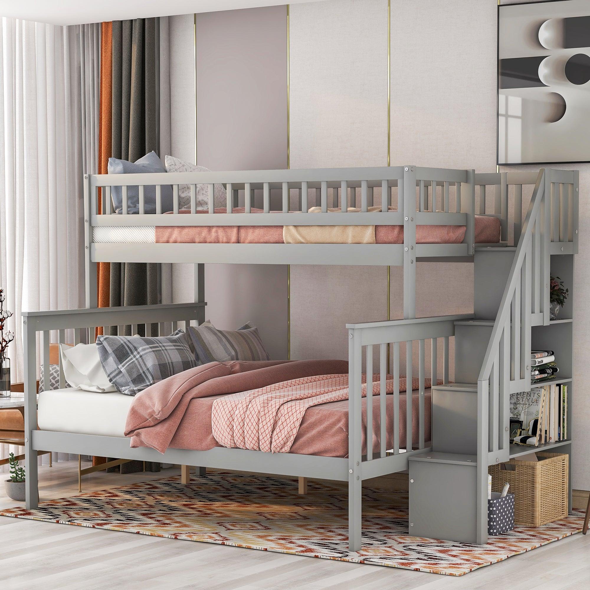 🆓🚛 Twin Over Full Stairway Bunk Bed With Storage, Gray