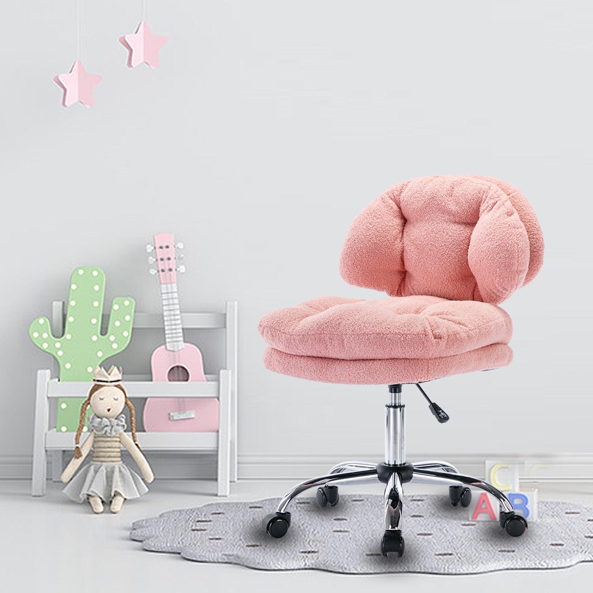 🆓🚛 Teddy Velvet Makeup Pink Home Office Chair Bling Desk, Nail Desk for Women, Vanity Chair, Adjustable Height, Rolling Wheels