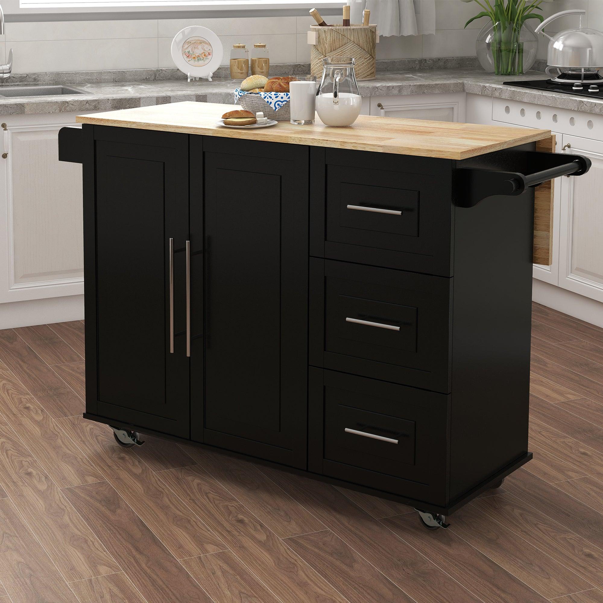 🆓🚛 Kitchen Island With Spice Rack, Towel Rack & Extensible Solid Wood Table Top-Black