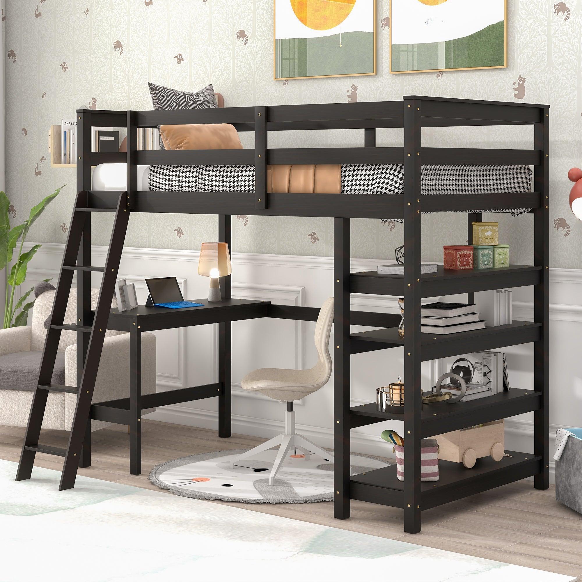🆓🚛 Twin Loft Bed With Desk, Ladder, Shelves, Espresso