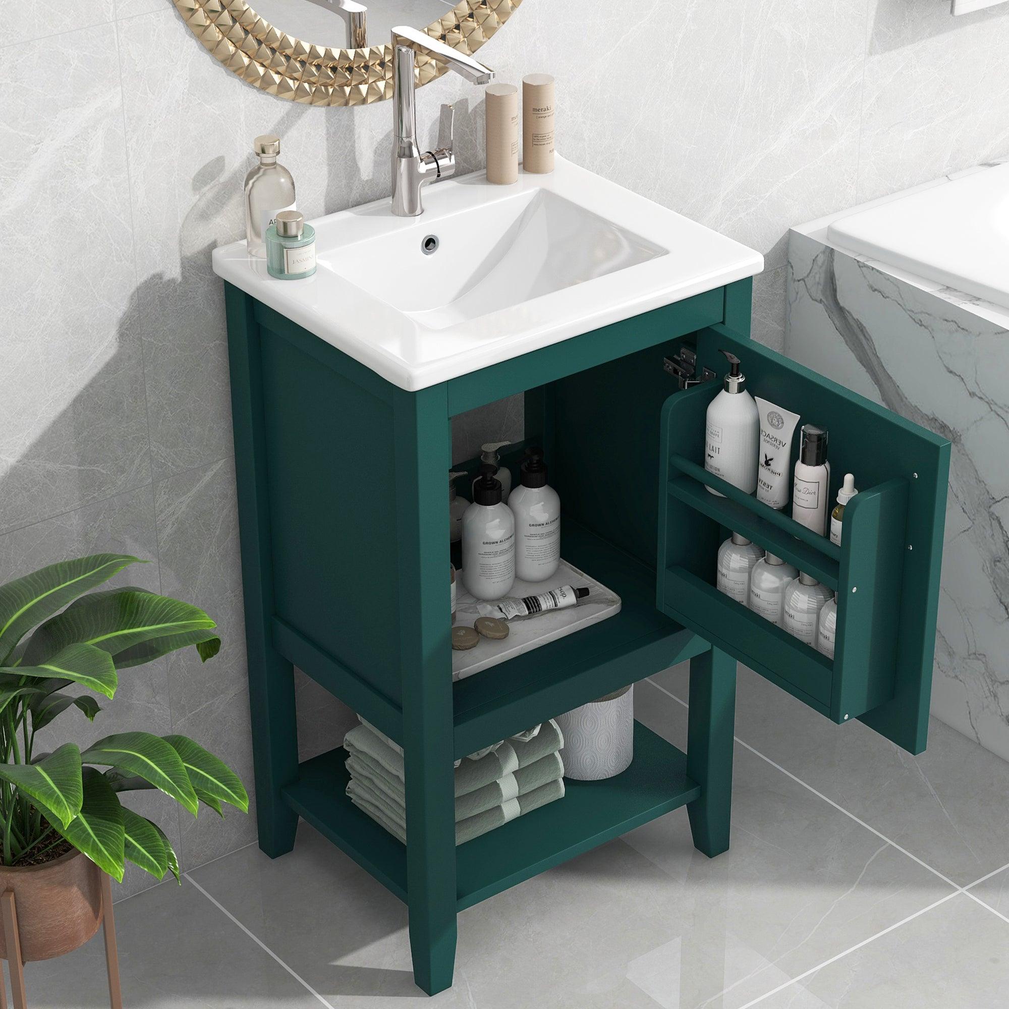 🆓🚛 20" Bathroom Vanity With Sink, Bathroom Cabinet With Soft Closing Door, Storage Rack & Open Shelf, Green