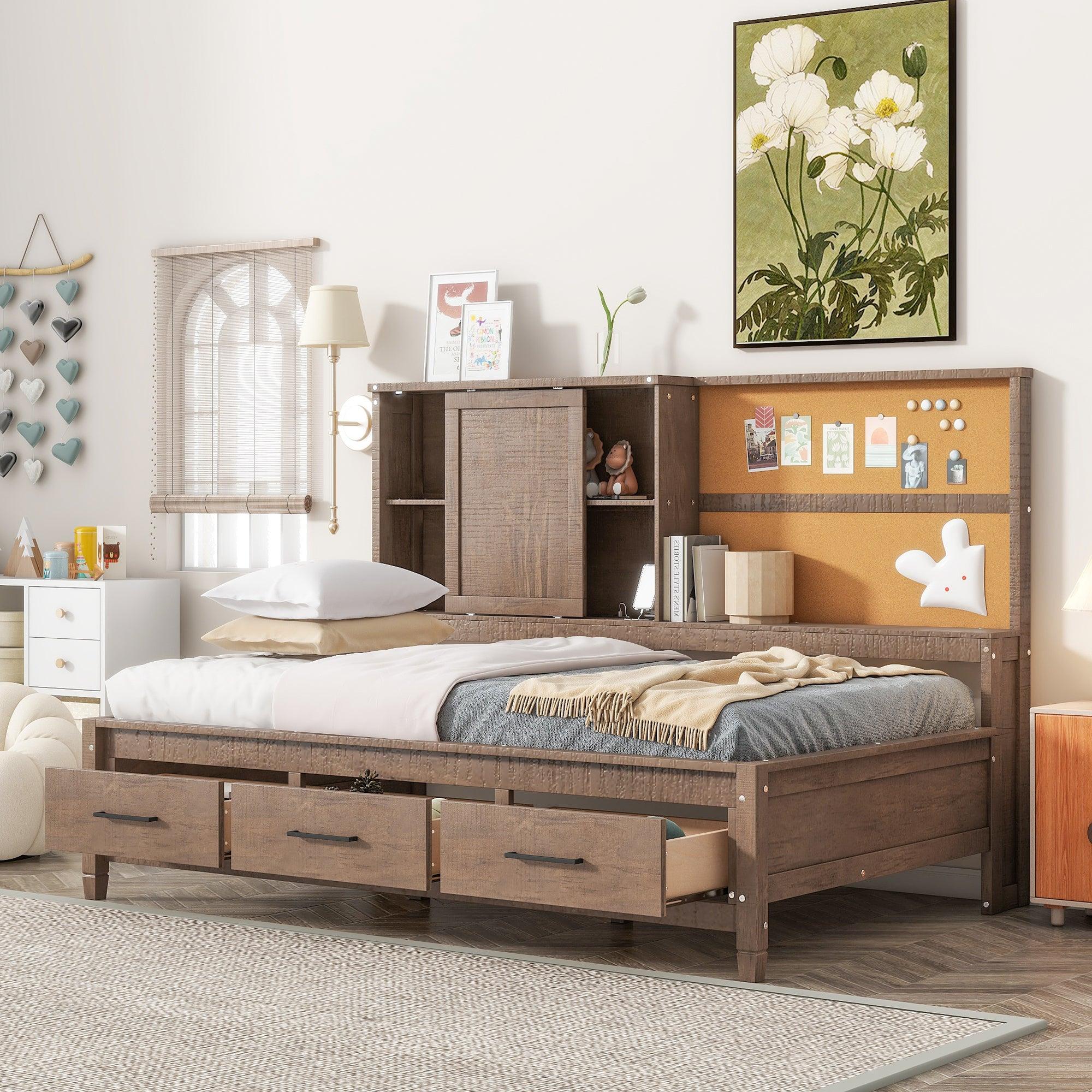 🆓🚛 Twin Size Lounge Daybed With Storage Shelves, Cork Board, Usb Ports & 3 Drawers, Antique Wood Color