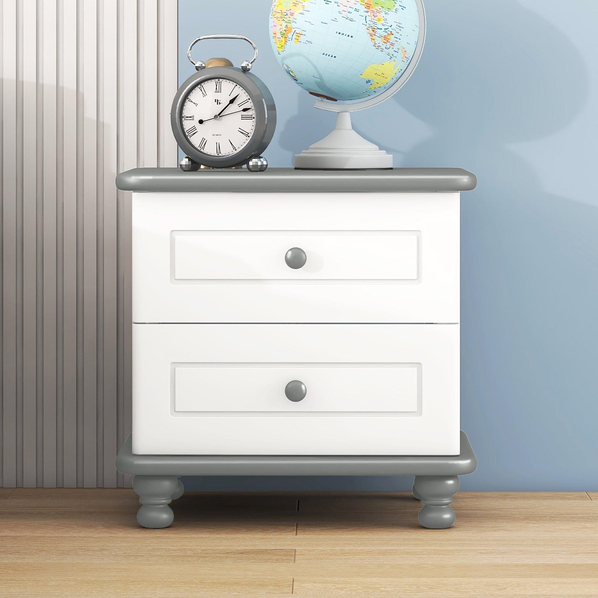 🆓🚛 Jemengro Wooden Nightstand With Two Drawers for Kids - White+Gray