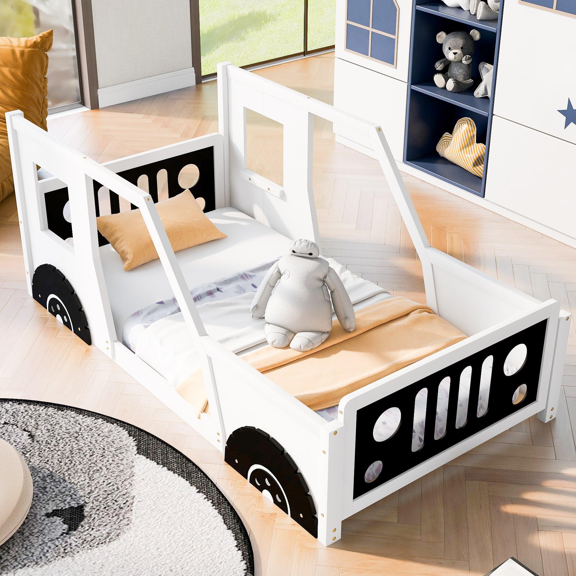 🆓🚛 Twin Size Classic Car-Shaped Platform Bed With Wheels, White