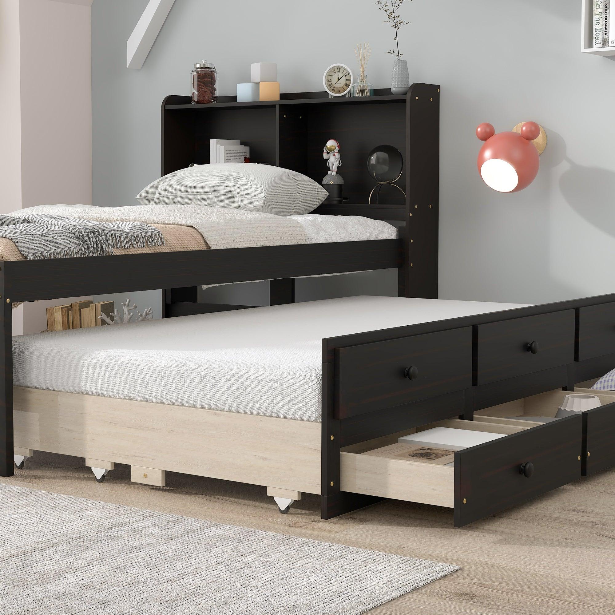 🆓🚛 Twin Bed With Bookcase, Twin Trundle & Drawers, Espresso