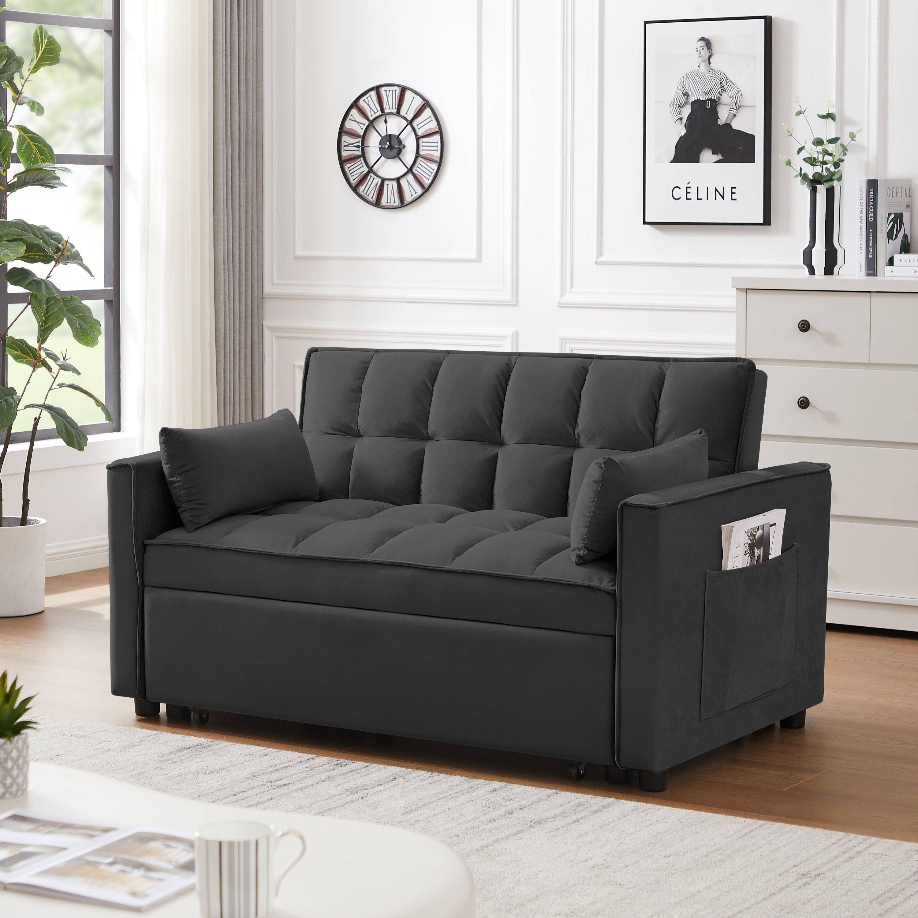 🆓🚛 Modern Velvet Loveseat Futon Sofa Couch W/Pullout Bed, Small Love Seat Lounge Sofa W/Reclining Backrest, Toss Pillows, Pockets, Furniture for Living Room, 3 in 1 Convertible Sleeper Sofa Bed, Black