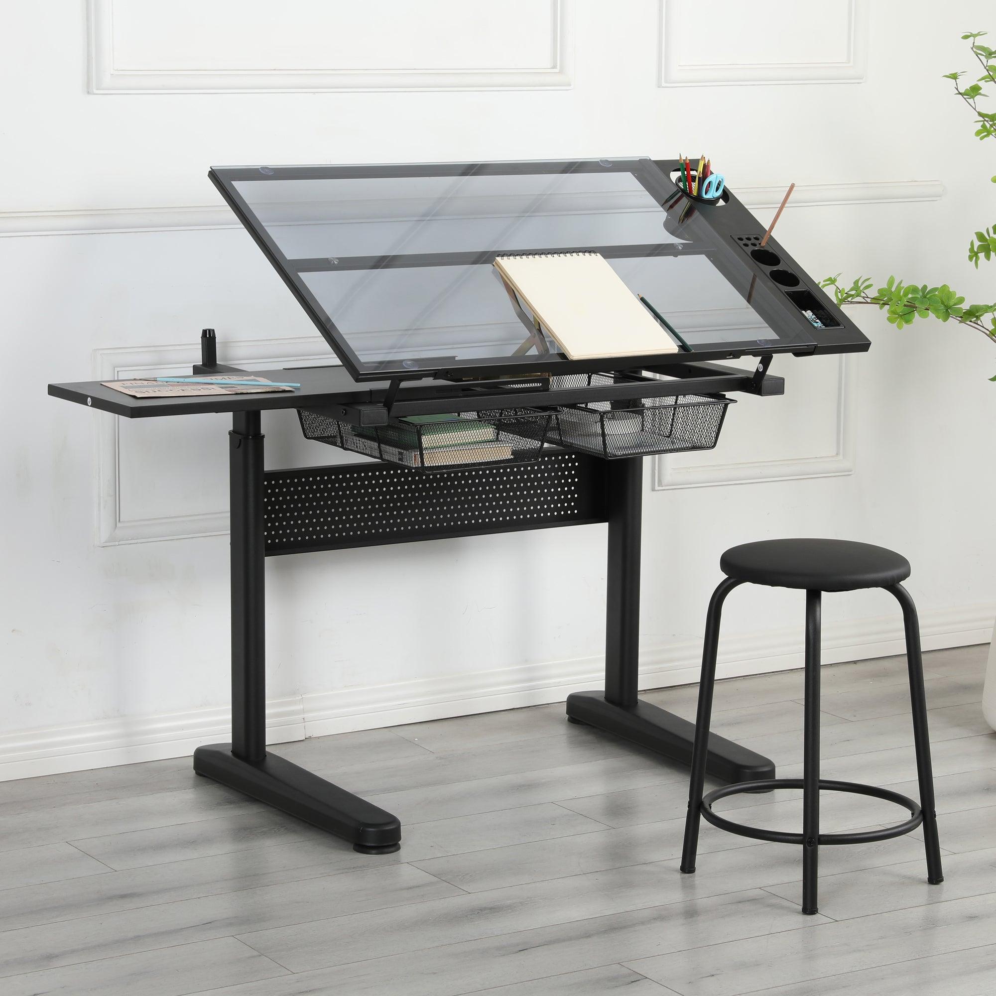 🆓🚛 Hand Crank Adjustable Drafting Table Drawing Desk With 2 Metal Drawers & Stool, Black