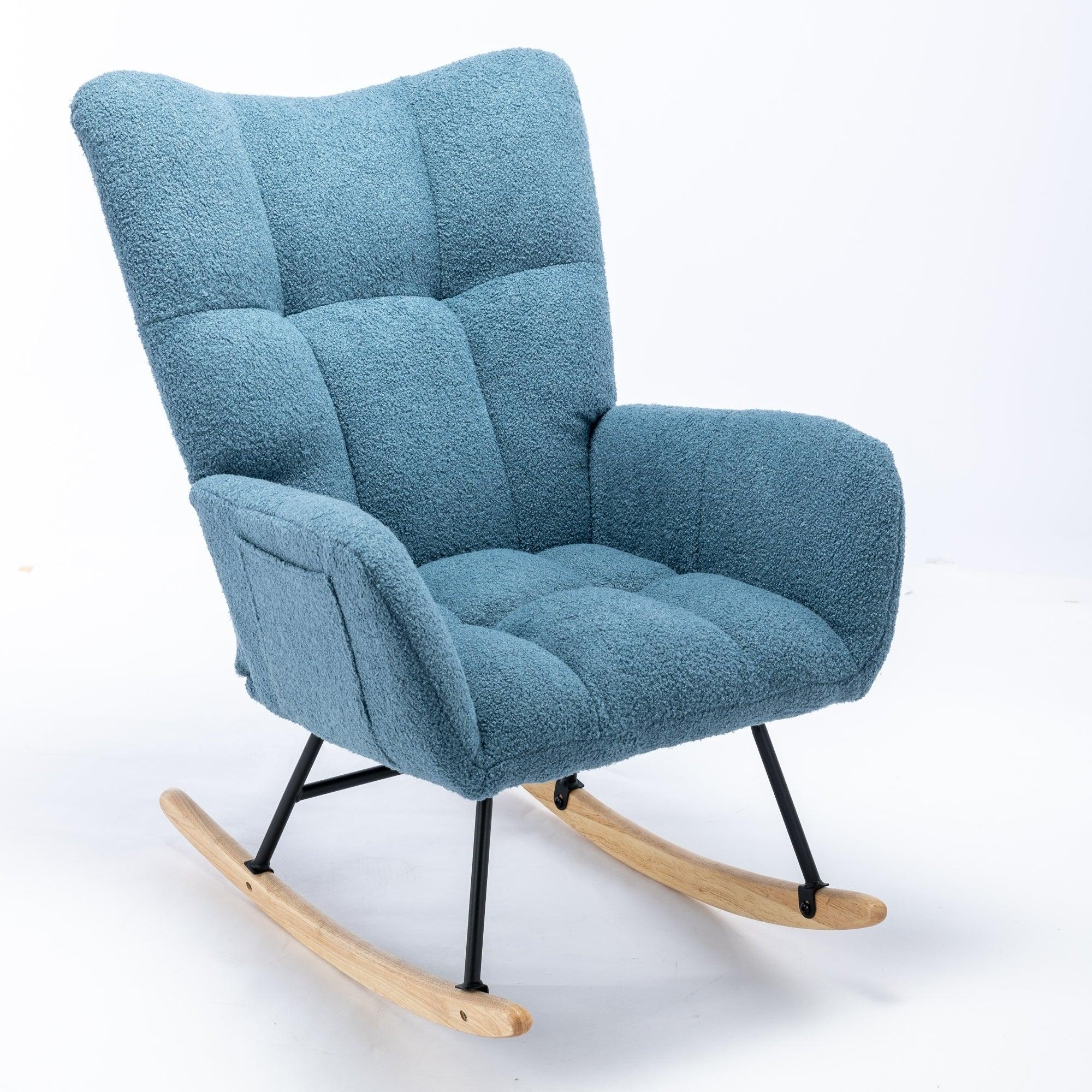 🆓🚛 Rocking Chair, Soft Teddy Velvet Fabric Rocking Chair for Nursery, Comfy Wingback Glider Rocker With Safe Solid Wood Base for Living Room Bedroom Balcony (Blue)