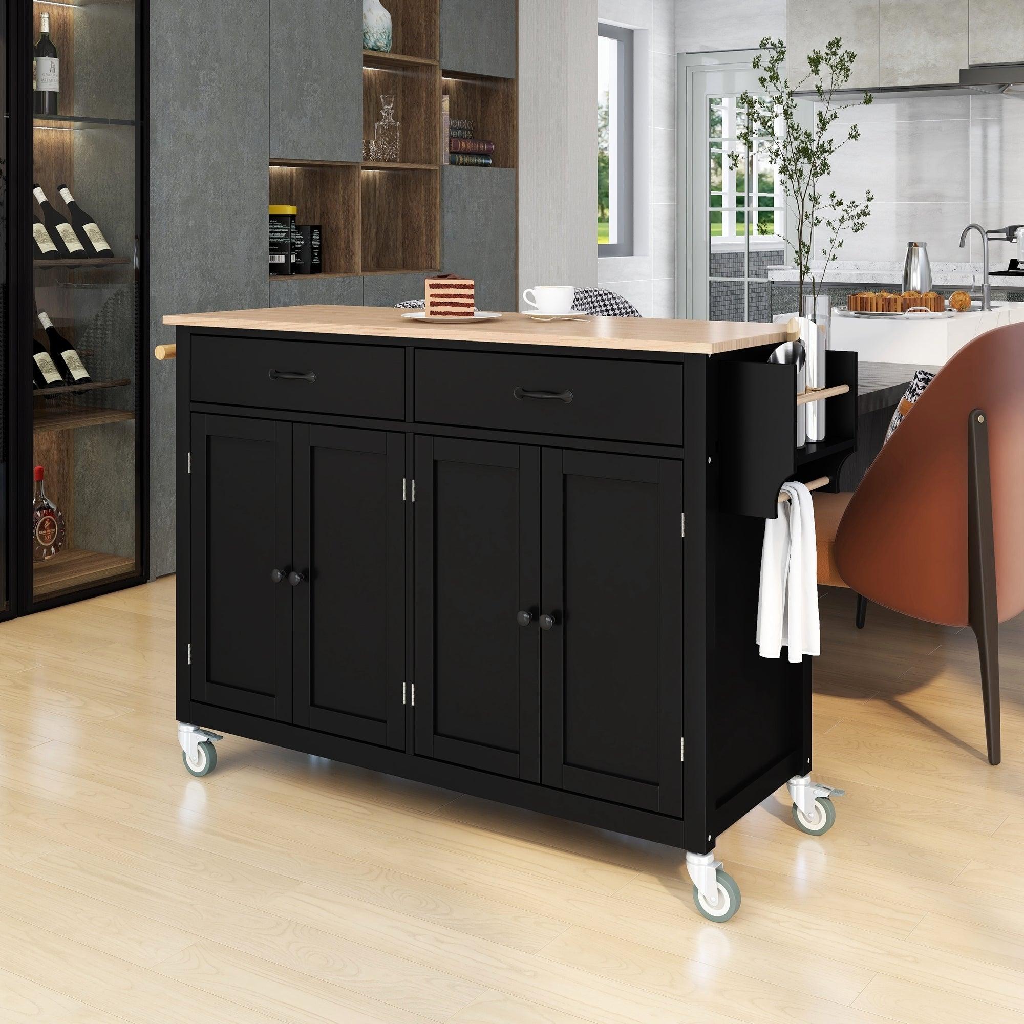 🆓🚛 Kitchen Island Cart With Solid Wood Top & Locking Wheels, 54.3 Inch Width, 4 Door Cabinet & Two Drawers, Spice Rack, Towel Rack (Black)