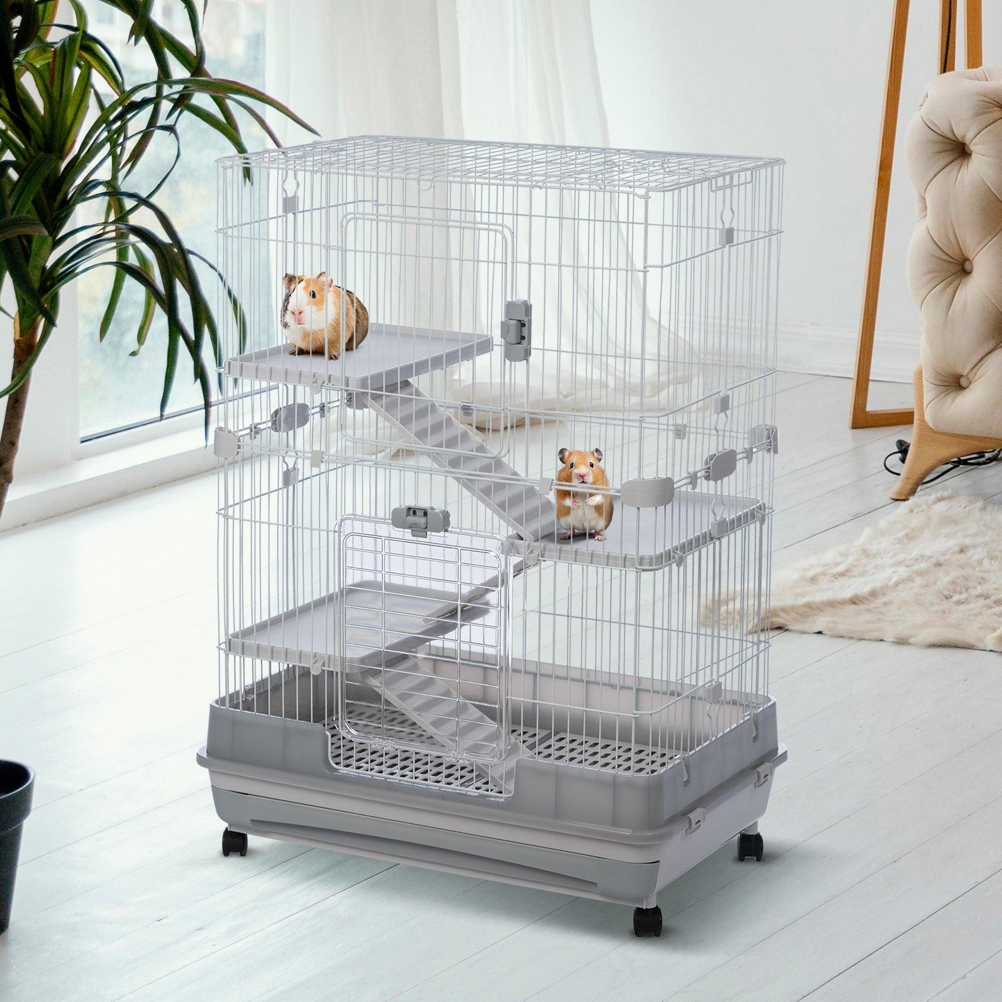 4-Tier 32" Small Animal Metal Cage Height Adjustable With Lockable Casters  Grilles Pull-Out Tray For Rabbit Chinchilla Ferret Bunny Guinea Pig Squirrel Hedgehog, GREY