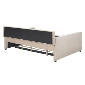 Full Size Upholstered Daybed With Trundle And Wood Slat Support, Beige