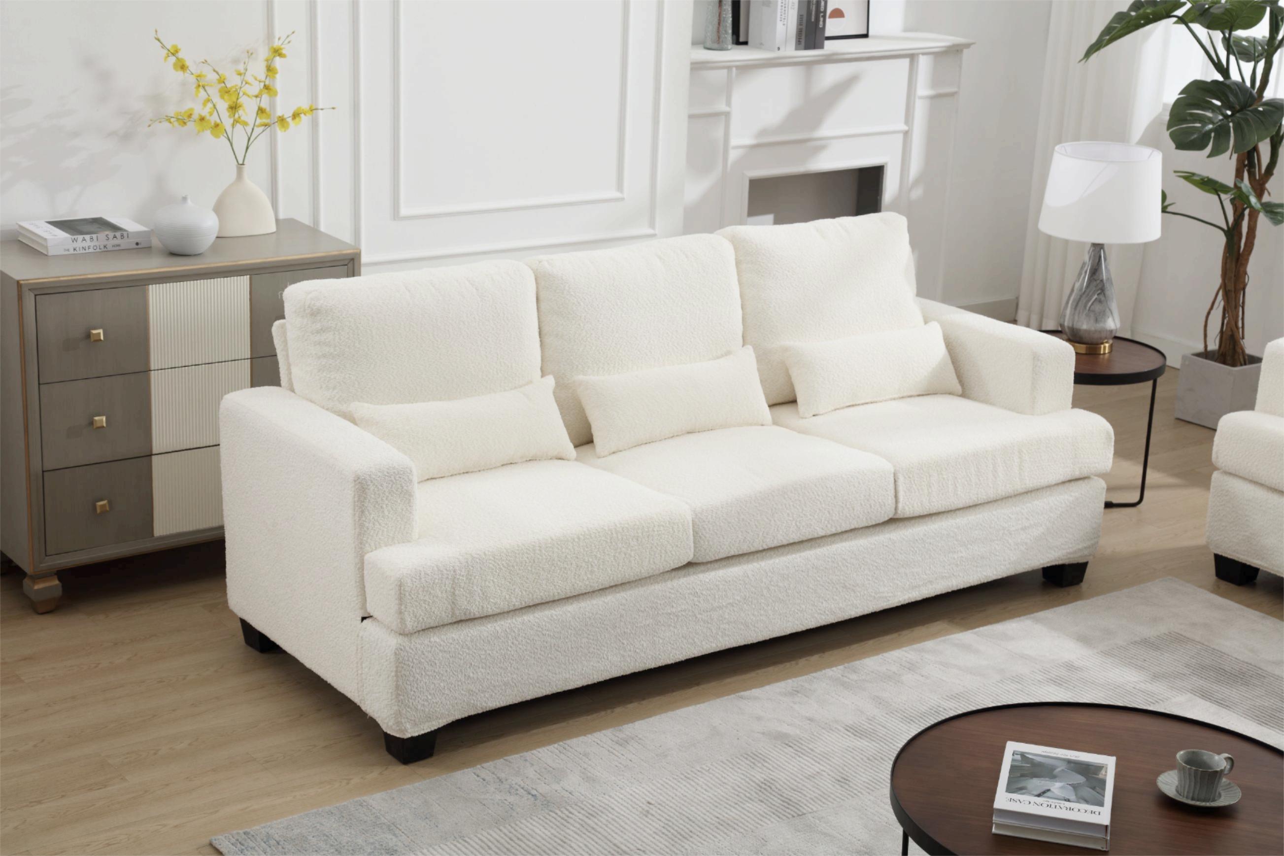 🆓🚛 88.4" Length Modern Sofa Couche for Living Room, Square Armrest, Removable Back Cushion & 3Pcs Waist Pillow, White