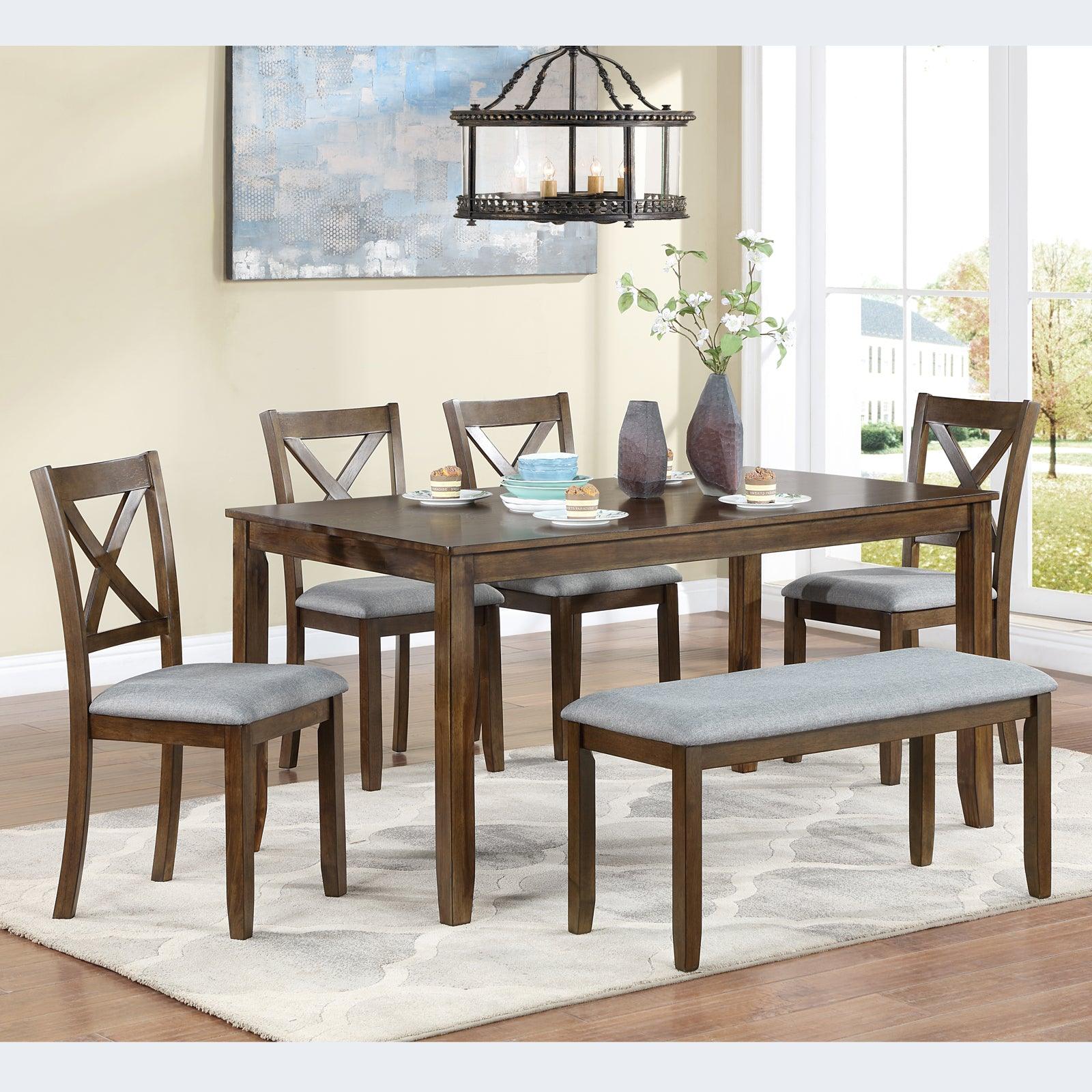 🆓🚛 Wooden Dining Rectangular Table Set With Bench for 6, Kitchen Dining Table With Bench for Small Space, Walnut