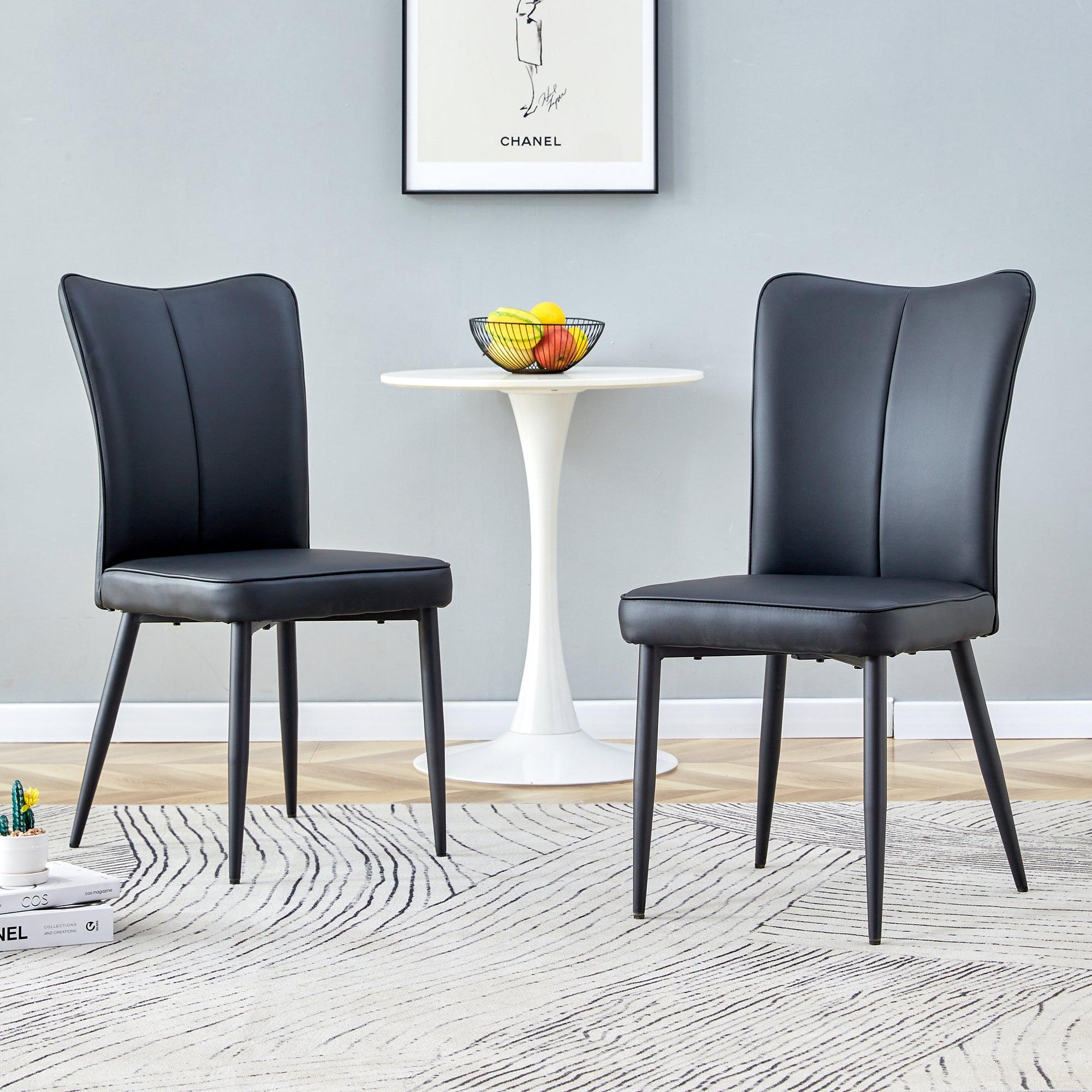 🆓🚛 Modern Minimalist Dining Chairs, Black Pu Leather Curved Backrest & Seat Cushions, Black Metal Chair Legs, Suitable for Restaurants, Bedrooms, & Living Rooms, Set Of 2 Chairs