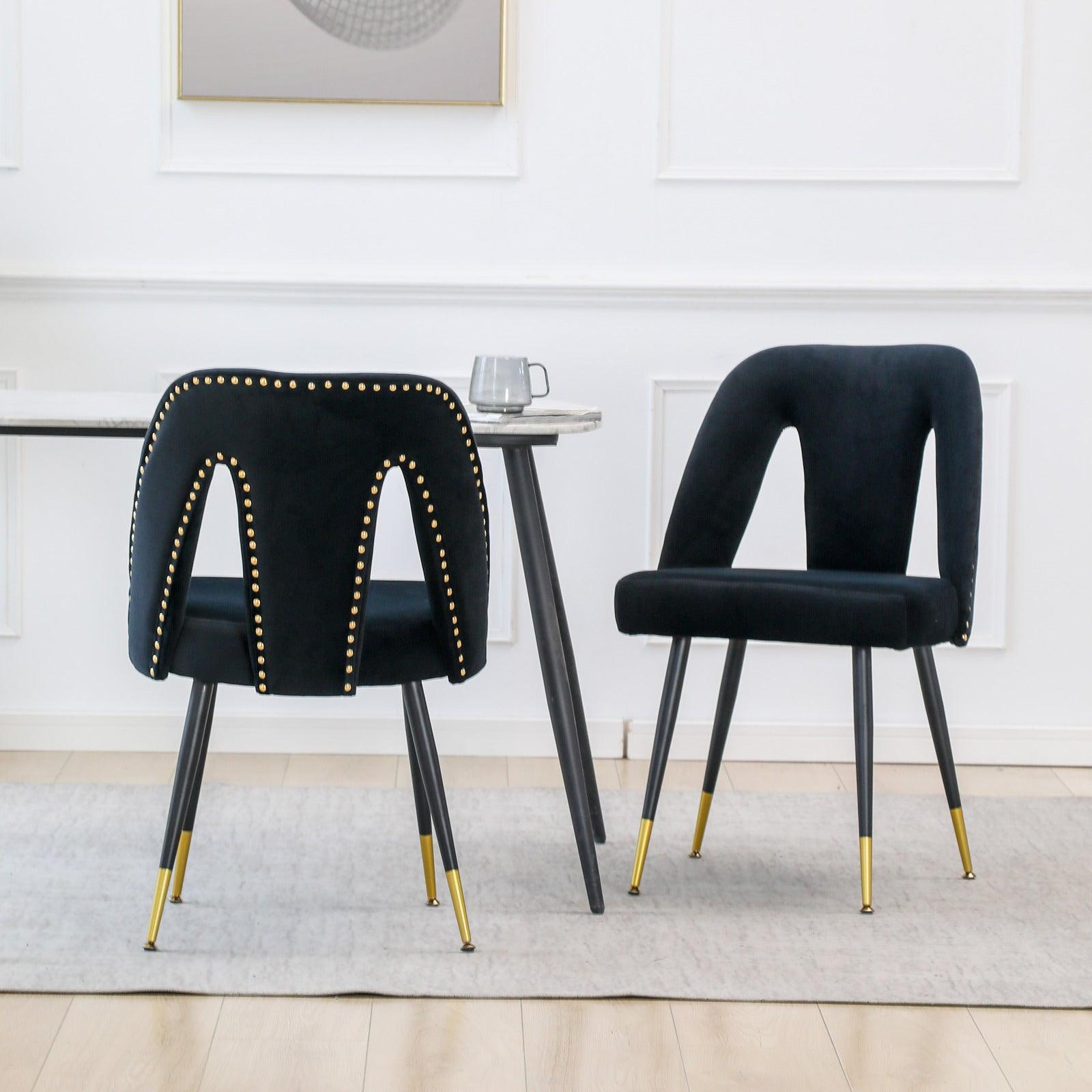 🆓🚛 Monvale Set Of 2 Modern Contemporary Velvet Dining Chairs With Nailheads & Gold Tipped Black Metal Legs, Black