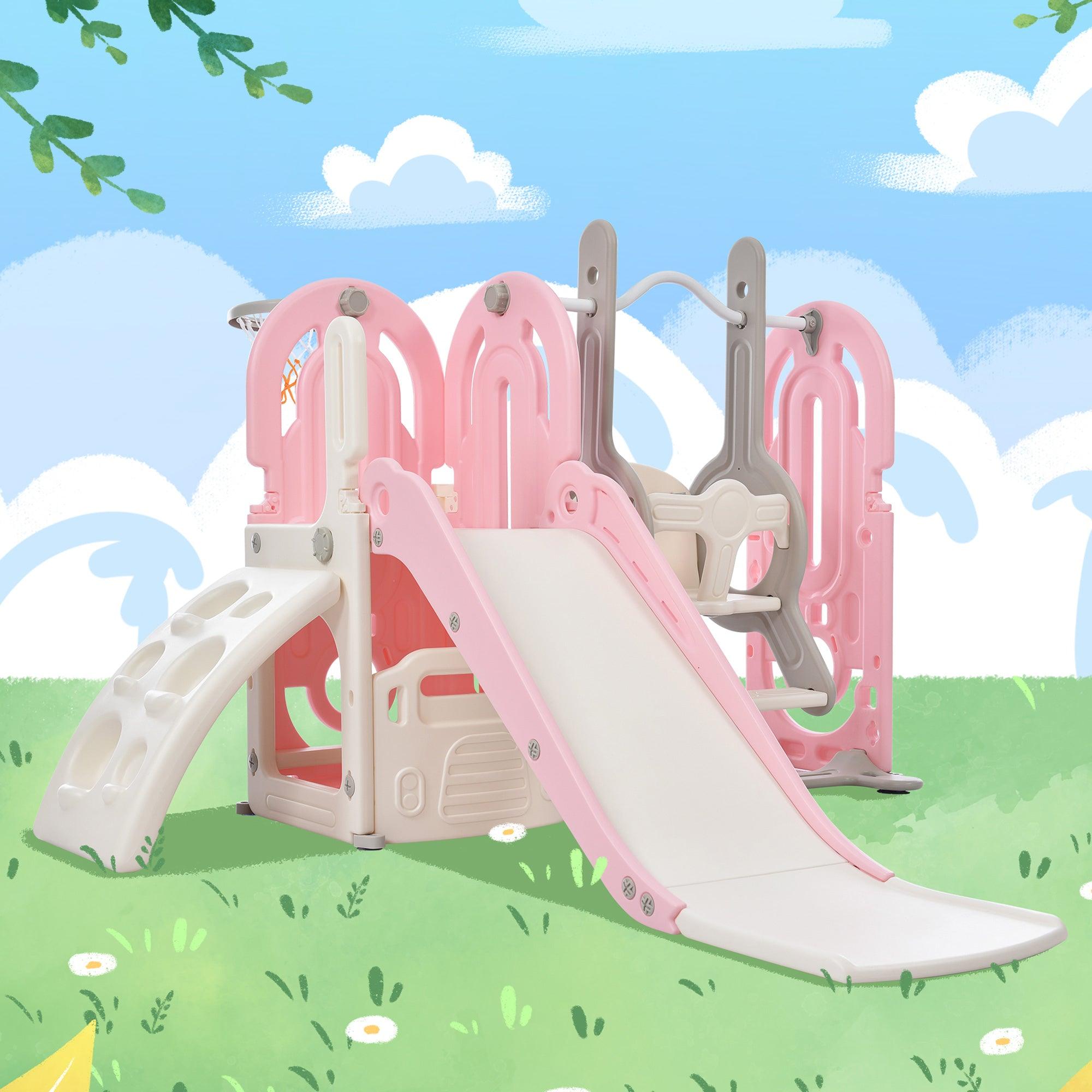🆓🚛 Toddler Slide & Swing Set 5 in 1, Kids Playground Climber Slide Playset With Basketball Hoop Freestanding Combination for Babies Indoor & Outdoor, Pink & Gray