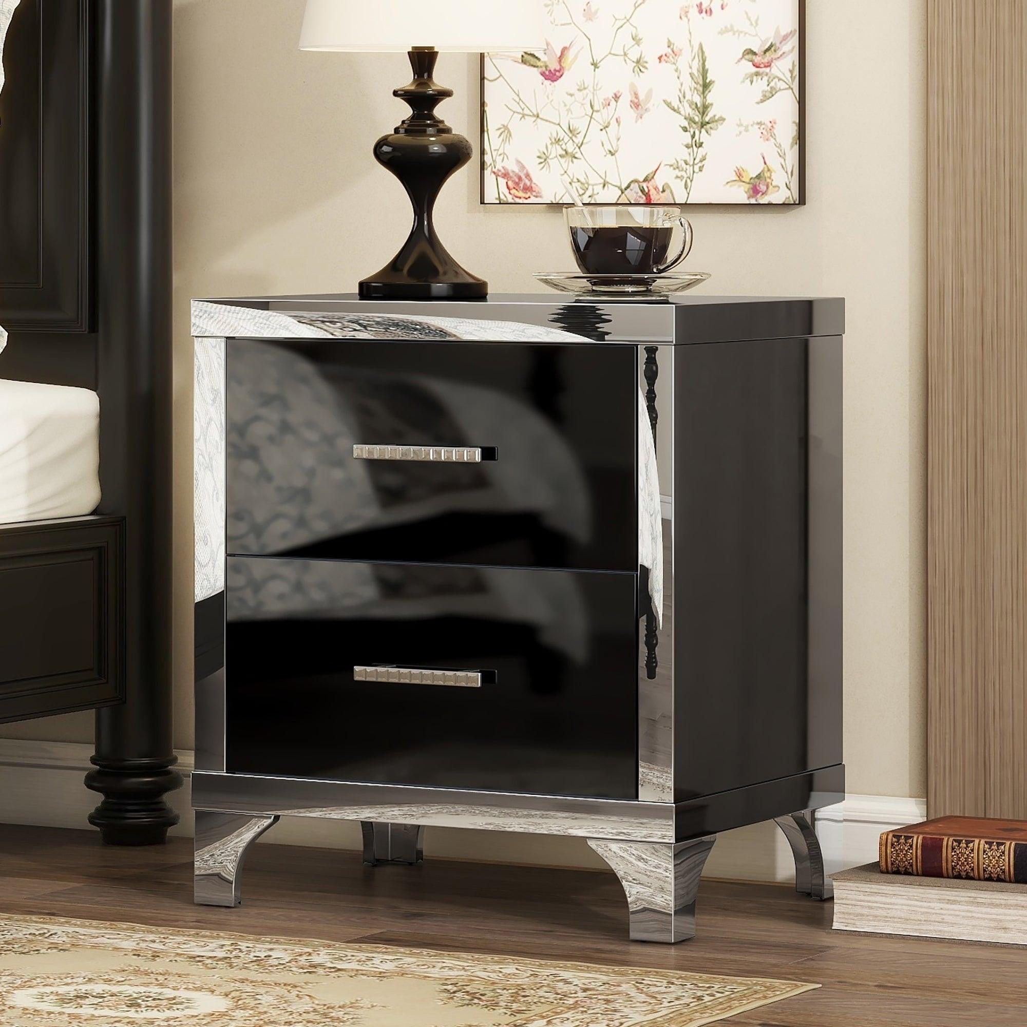 Elegant High Gloss Nightstand with Metal Handle, Mirrored Bedside Table with 2 Drawers for Bedroom, Living Room, Black