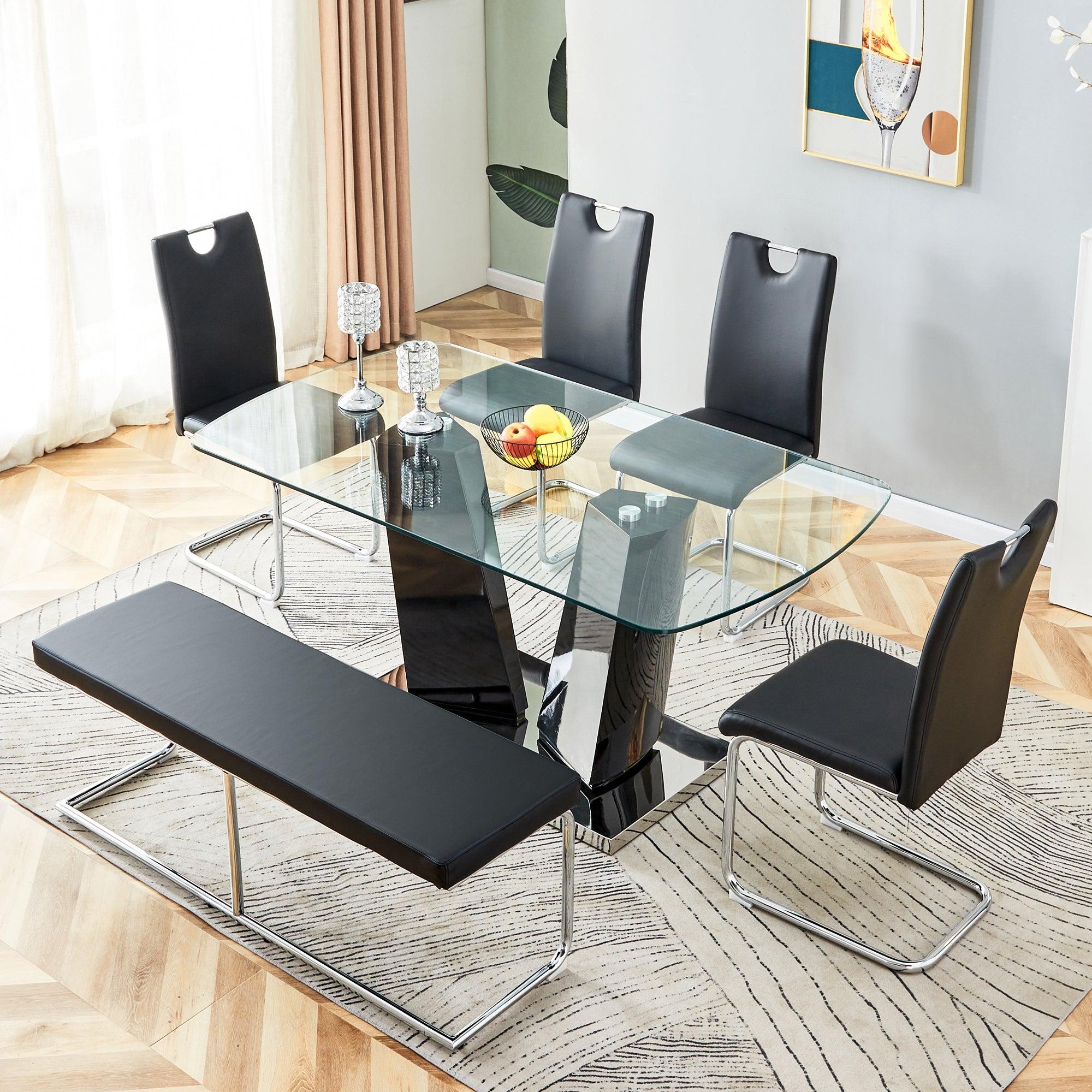 🆓🚛 63" Dining Table Set, 6-Piece Kitchen Dining Room Table With Glass Tabletop & V-Shaped Mdf Base, Modern Kitchen Table for Dining Room
