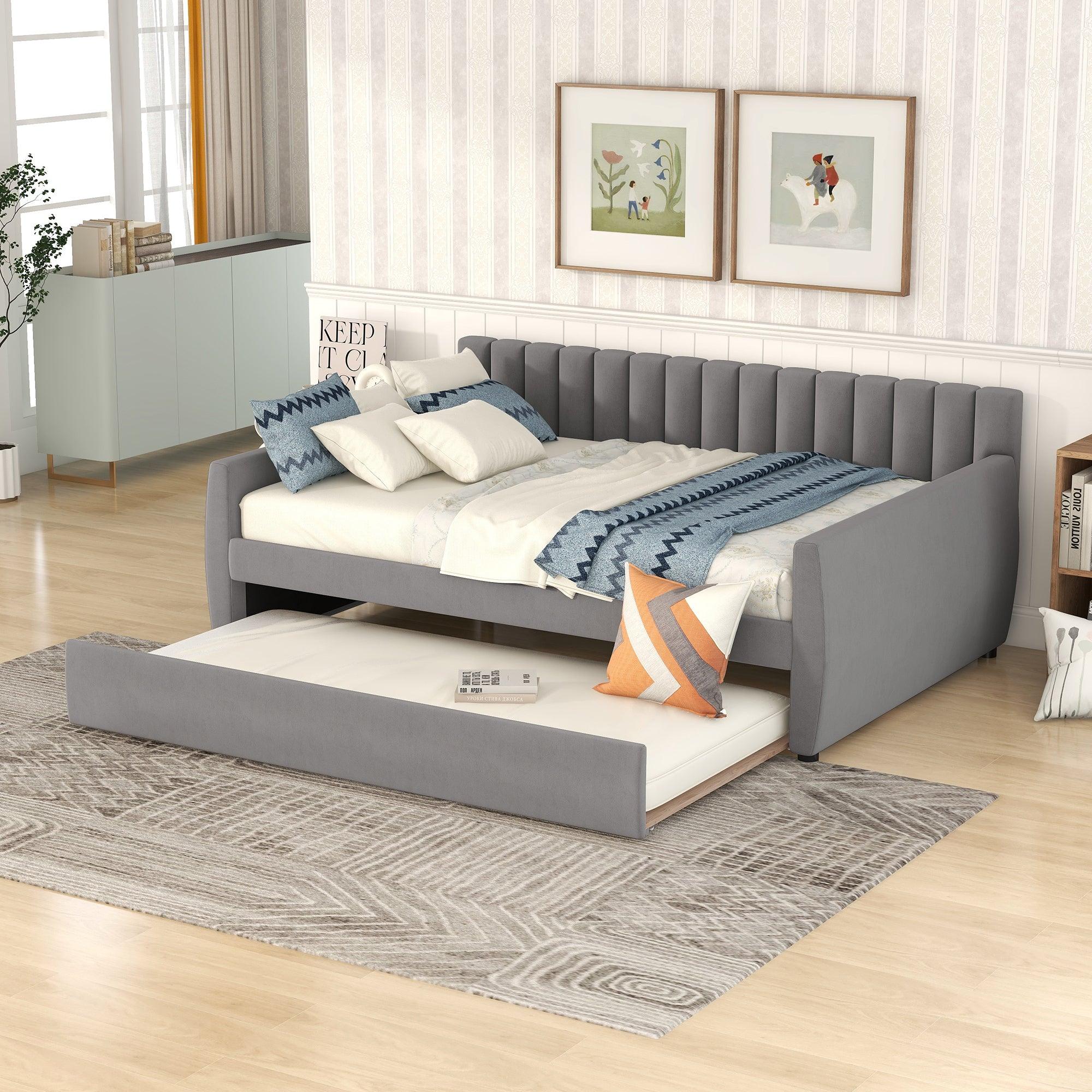 Full Size Upholstered Daybed With Trundle And Wood Slat Support, Gray