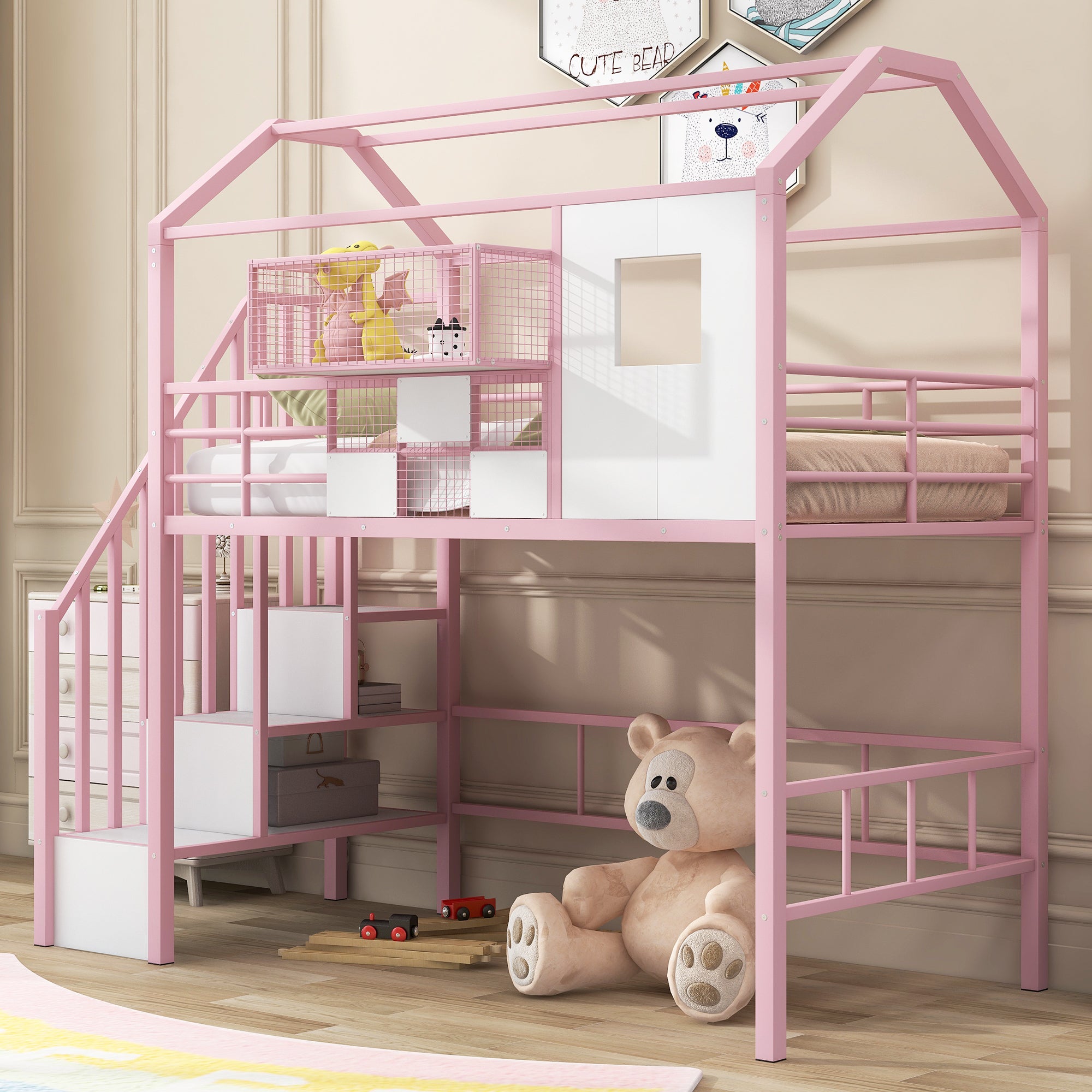 🆓🚛 Metal Loft Bed With Roof Design and a Storage Box, Twin, Pink