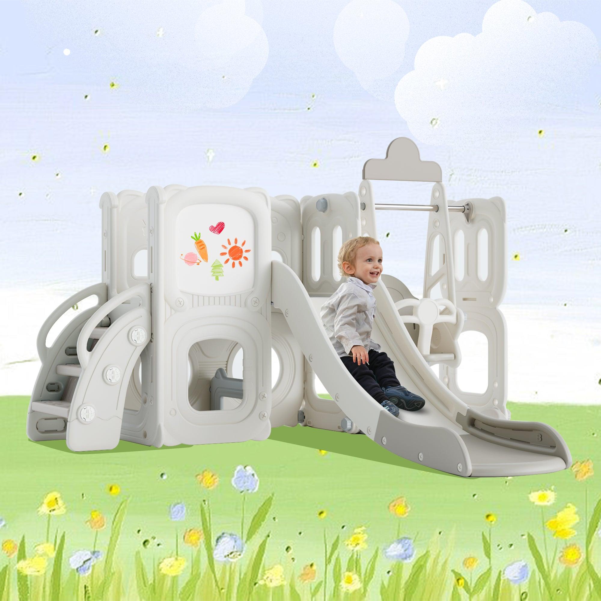 🆓🚛 5 in 1 Toddler Slide & Swing Set, Kids Playground Climber Slide Playset With Drawing Whiteboard for Babies, Gray