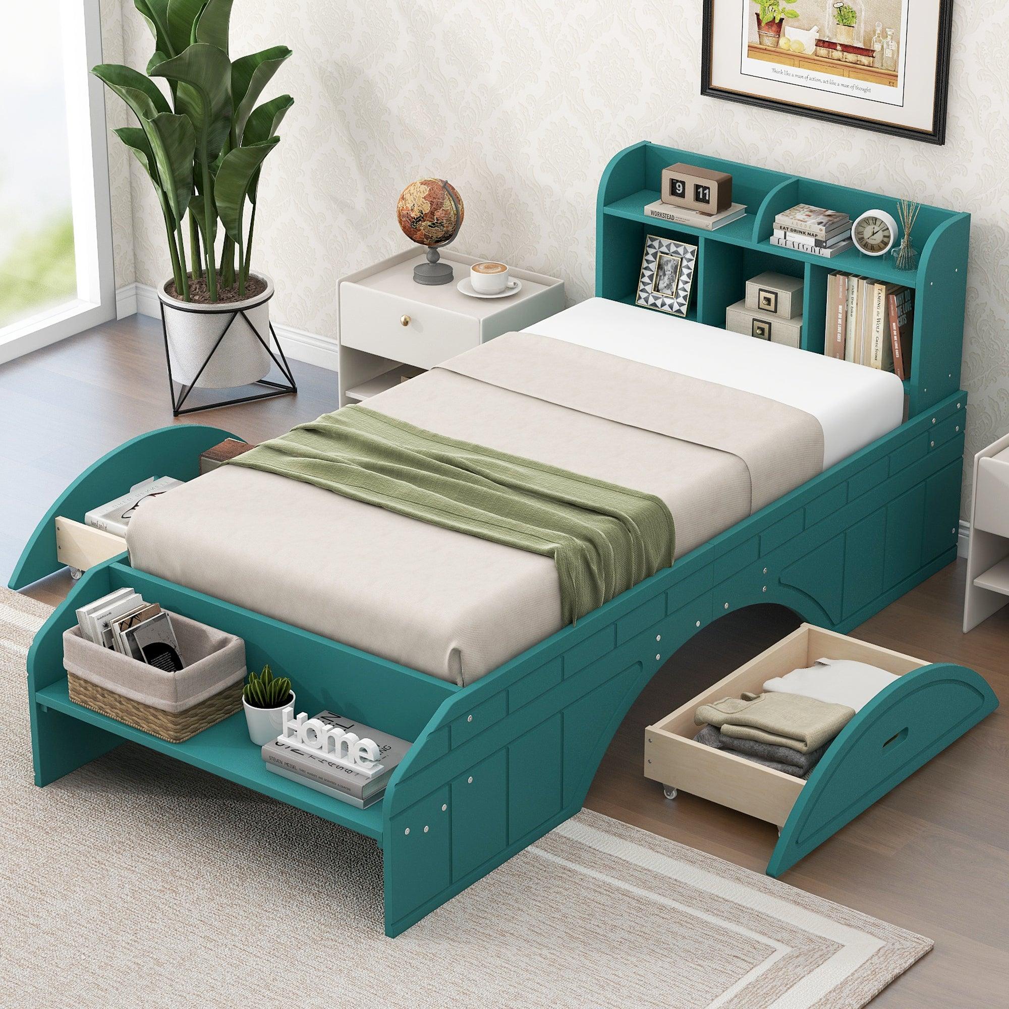 🆓🚛 Wood Twin Size Platform Bed With 2 Drawers, Storage Headboard & Footboard, Dark Green