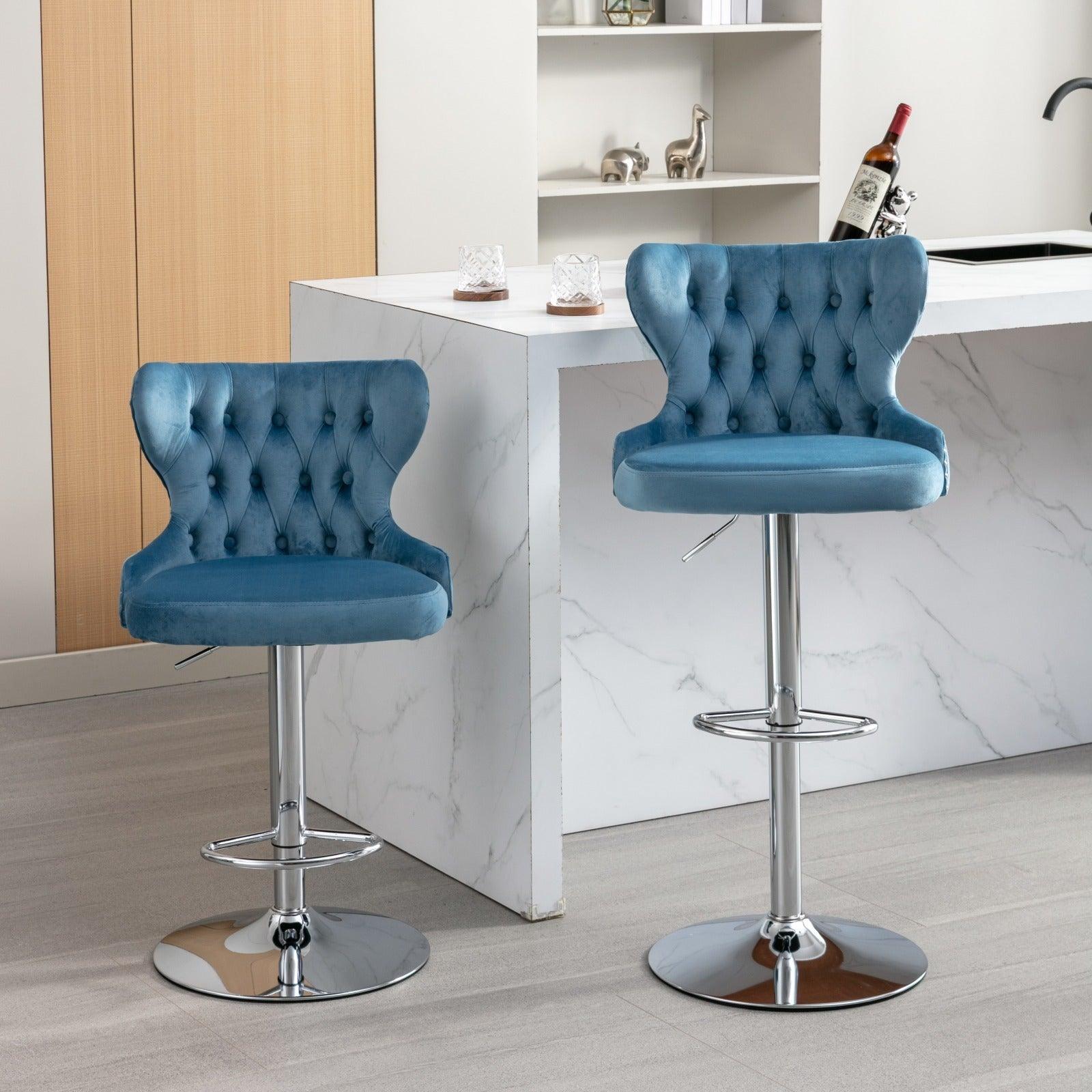 🆓🚛 Swivel Velvet Barstools Adjusatble Seat Height From 25-33 Inch, Modern Upholstered Chrome Base Bar Stools With Backs Comfortable Tufted for Home Pub & Kitchen Island, Light Blue,