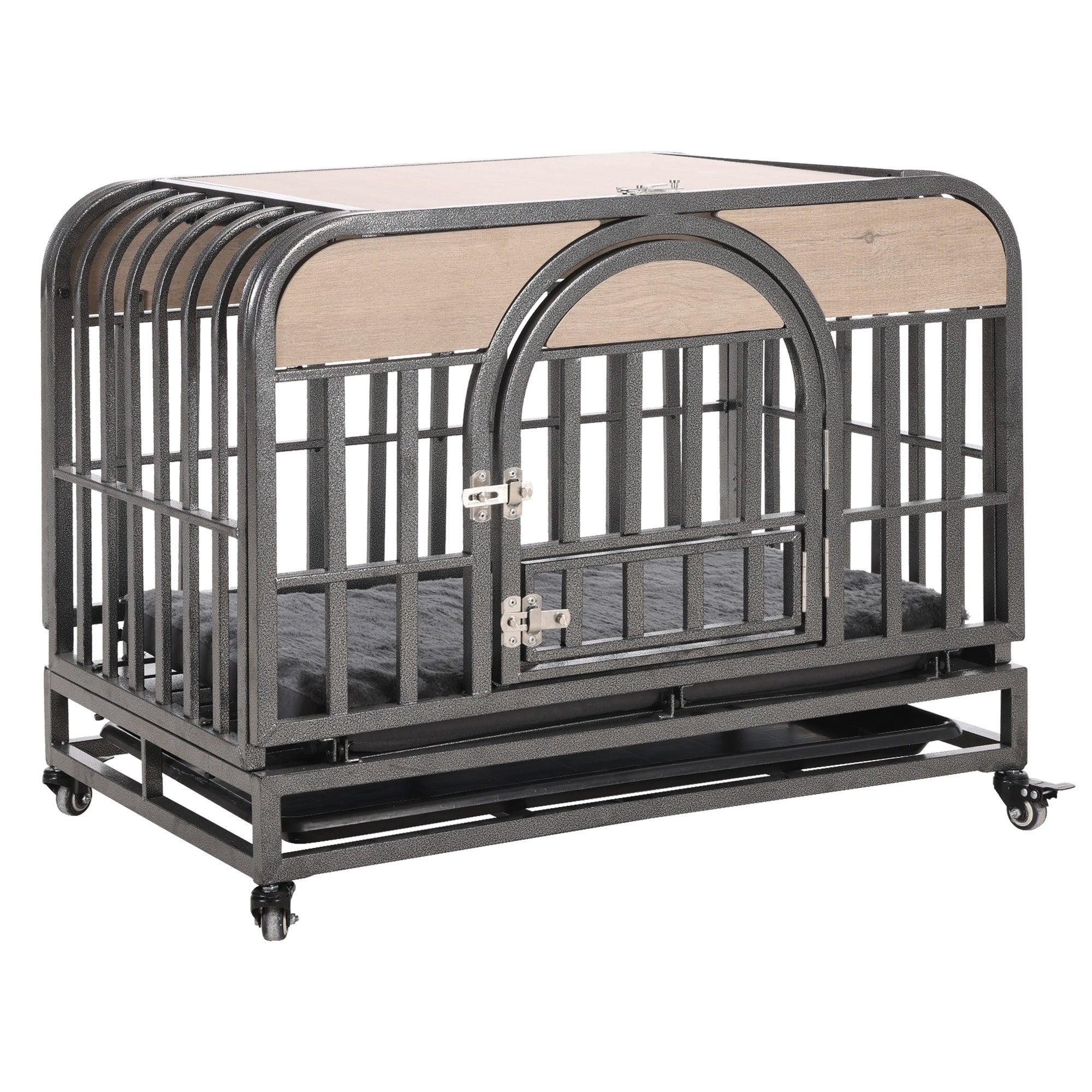 46" Heavy Duty Dog Crate, Furniture Style Dog Crate With Removable Trays and Wheels for High Anxiety Dogs, Natural