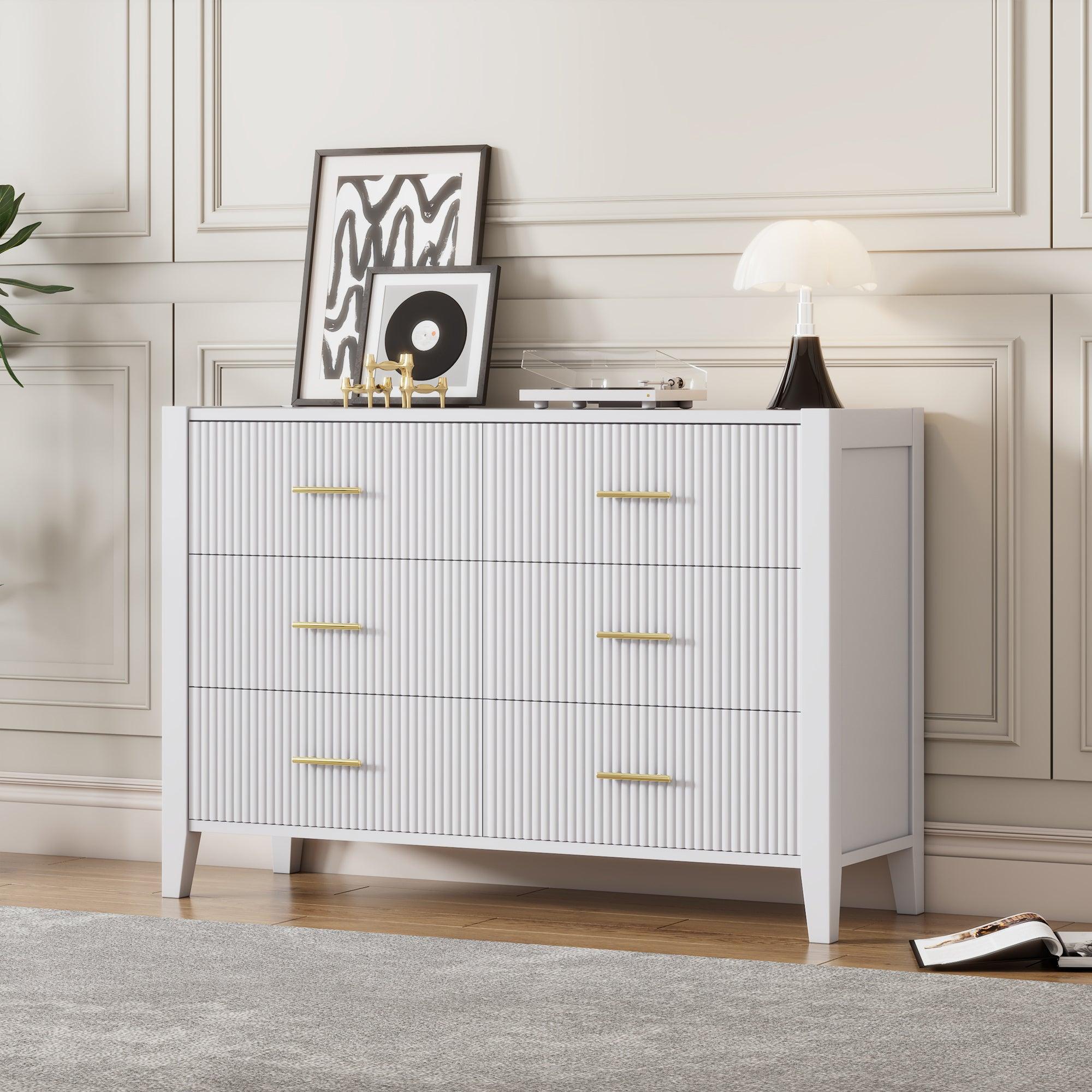 🆓🚛 6 Drawer Dresser With Metal Handle for Bedroom, Storage Cabinet With Vertical Stripe Finish Drawer, White (Passed Astm F2057-23 Test)