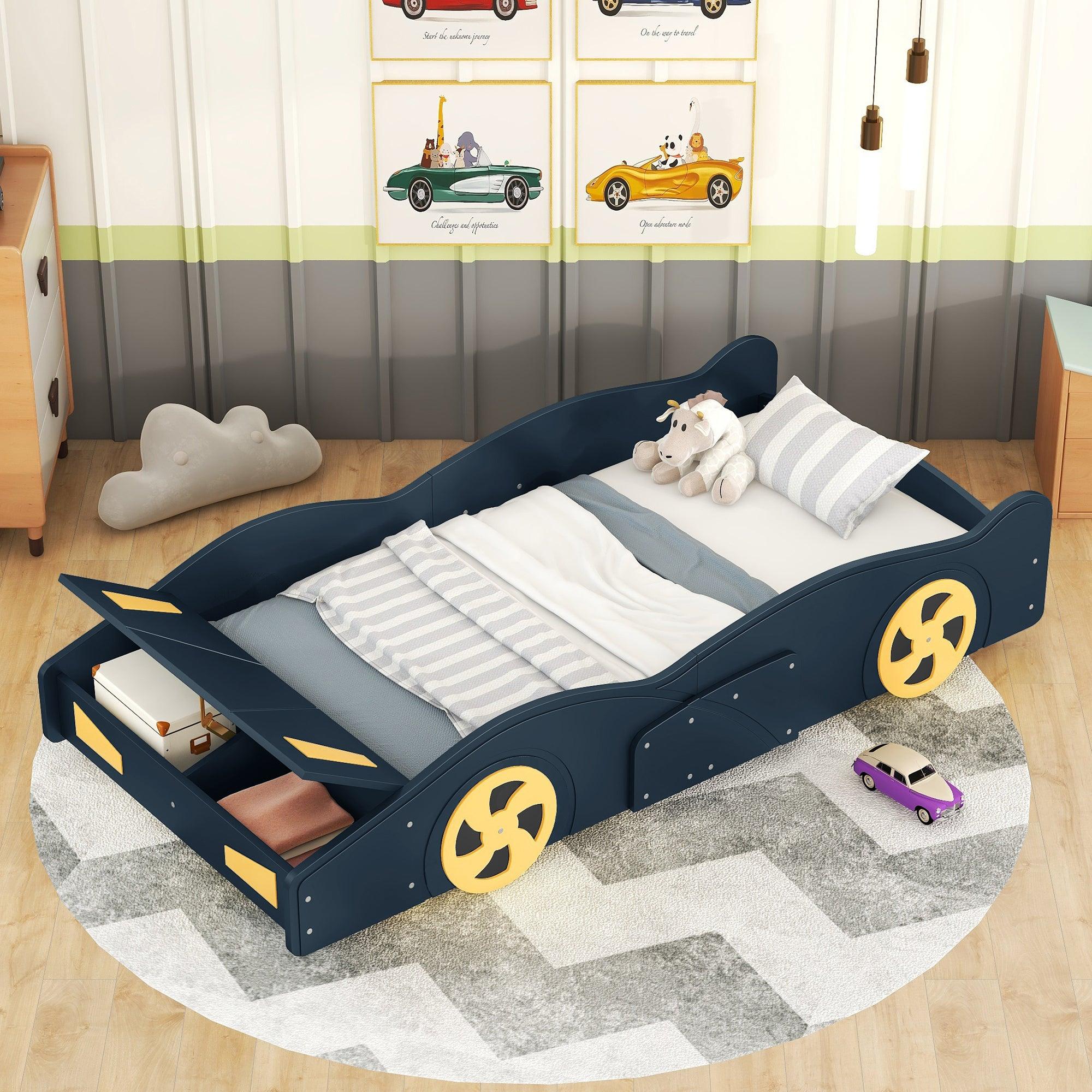 🆓🚛 Twin Size Race Car-Shaped Platform Bed With Wheels & Storage, Dark Blue+Yellow