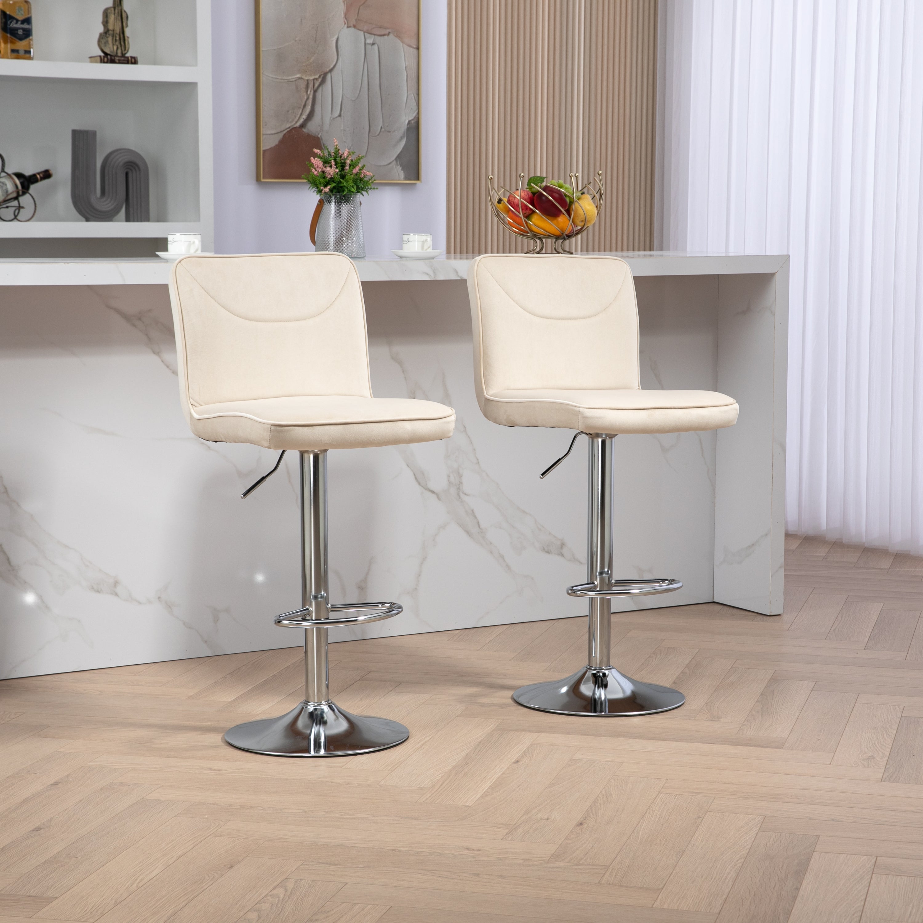 🆓🚛 Modern Swivel Bar stools Set of 2, Adjustable Counter Height Bar Chairs, with Backrest Footrest, Chrome Base, Ivory