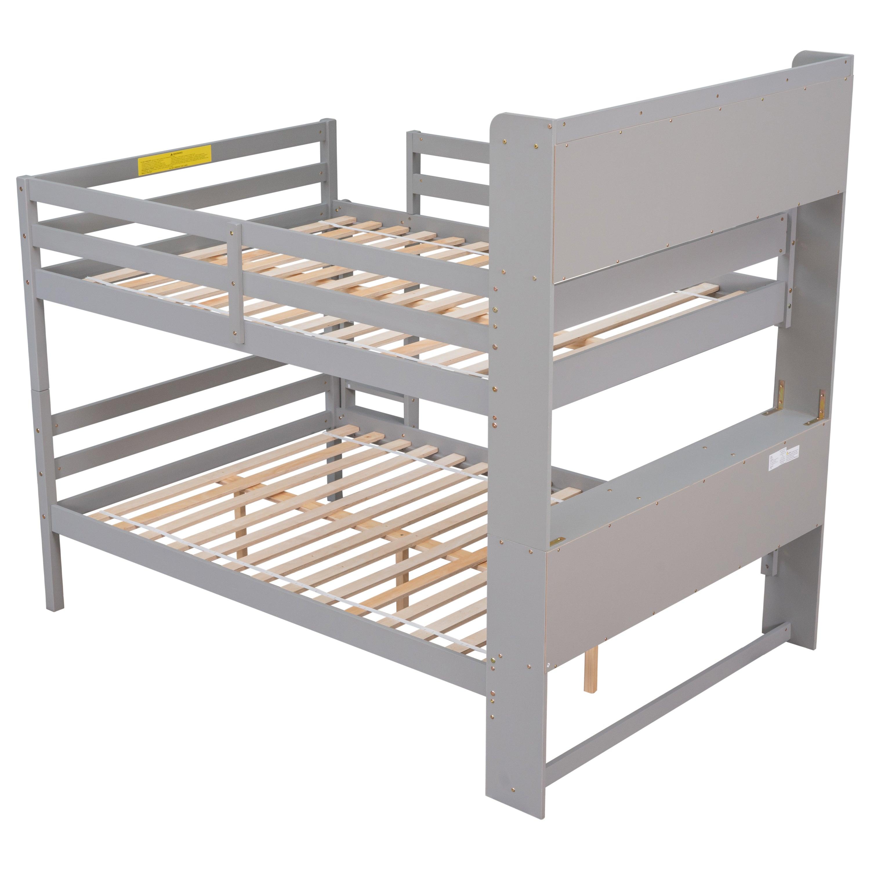 Full Over Full Bunk Beds With Bookcase Headboard, Safety Rail And Ladder, Kids/Teens Bedroom, Grey