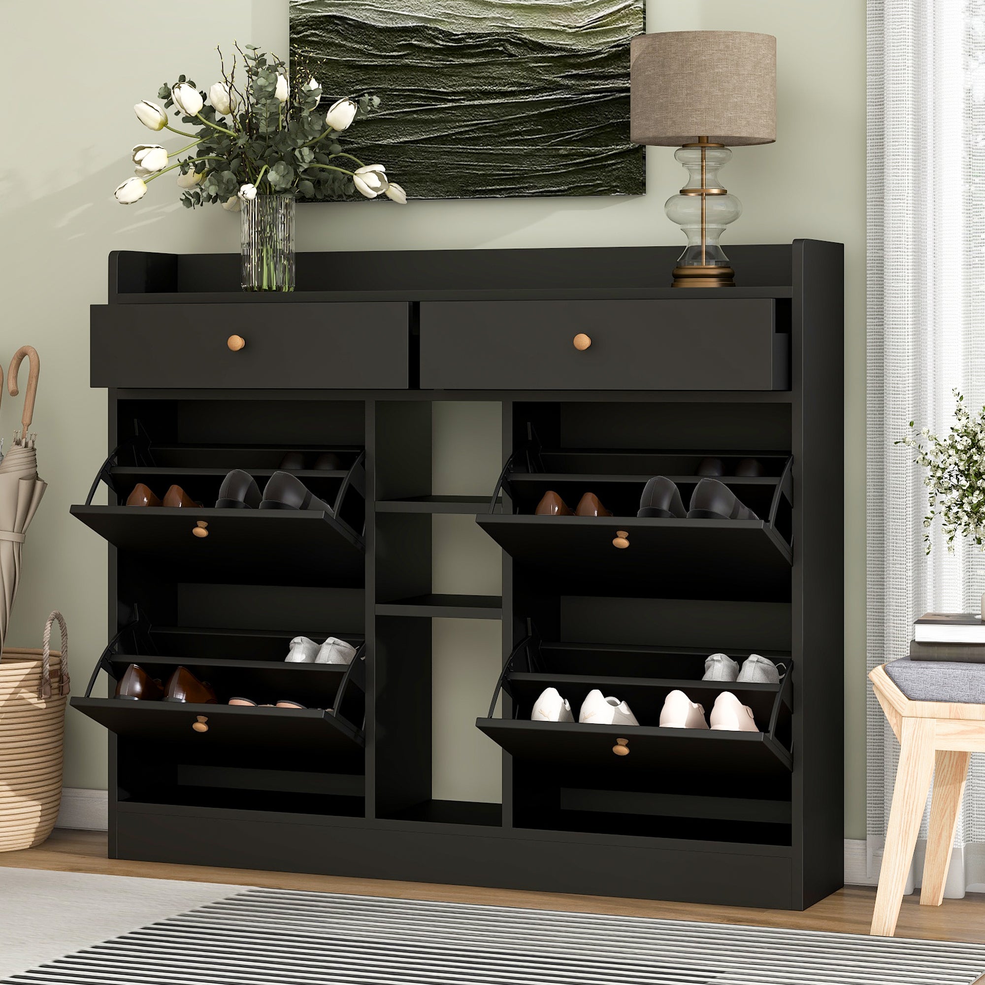 🆓🚛 Modern Shoe Cabinet With 4 Flip Drawers, Multifunctional 2-Tier Shoe Storage Organizer With Drawers, Free Standing Shoe Rack for Entrance Hallway, Black.