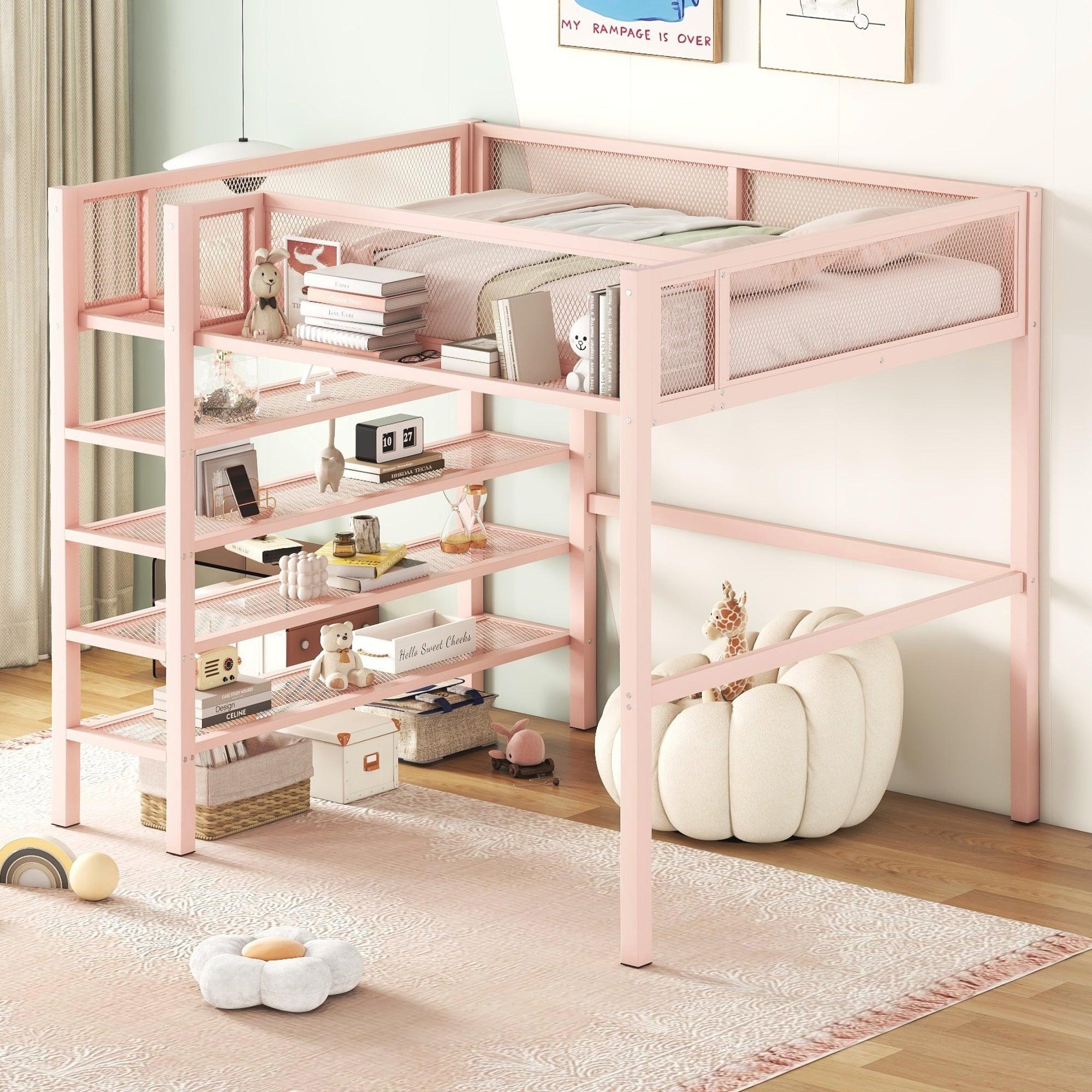 🆓🚛 Full Size Metal Loft Bed With 4-Tier Shelves and Storage, Pink