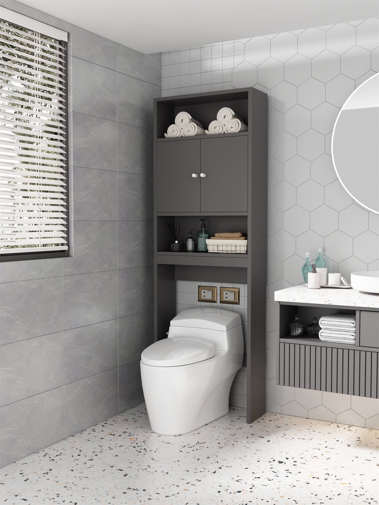 🆓🚛 Home Bathroom Shelf Over-The-Toilet, Bathroom Space saver, Bathroom, Toilet Storage Cabinet, Gray