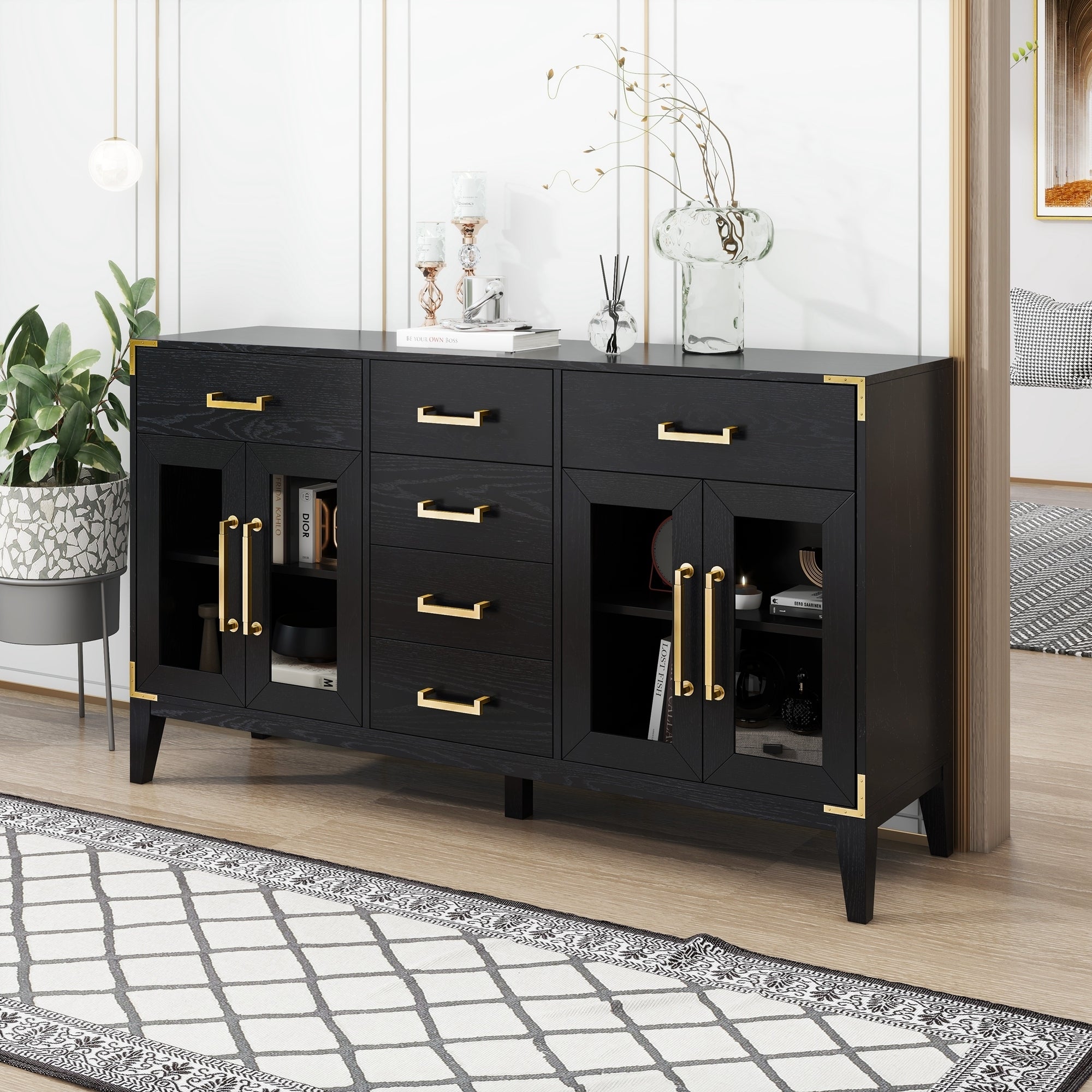 🆓🚛 6-Drawer & 2-Cabinet Retro Sideboard With Extra Large Storage Space, With Gold Handles & Solid Wood Legs, for Kitchen & Living Room, Black