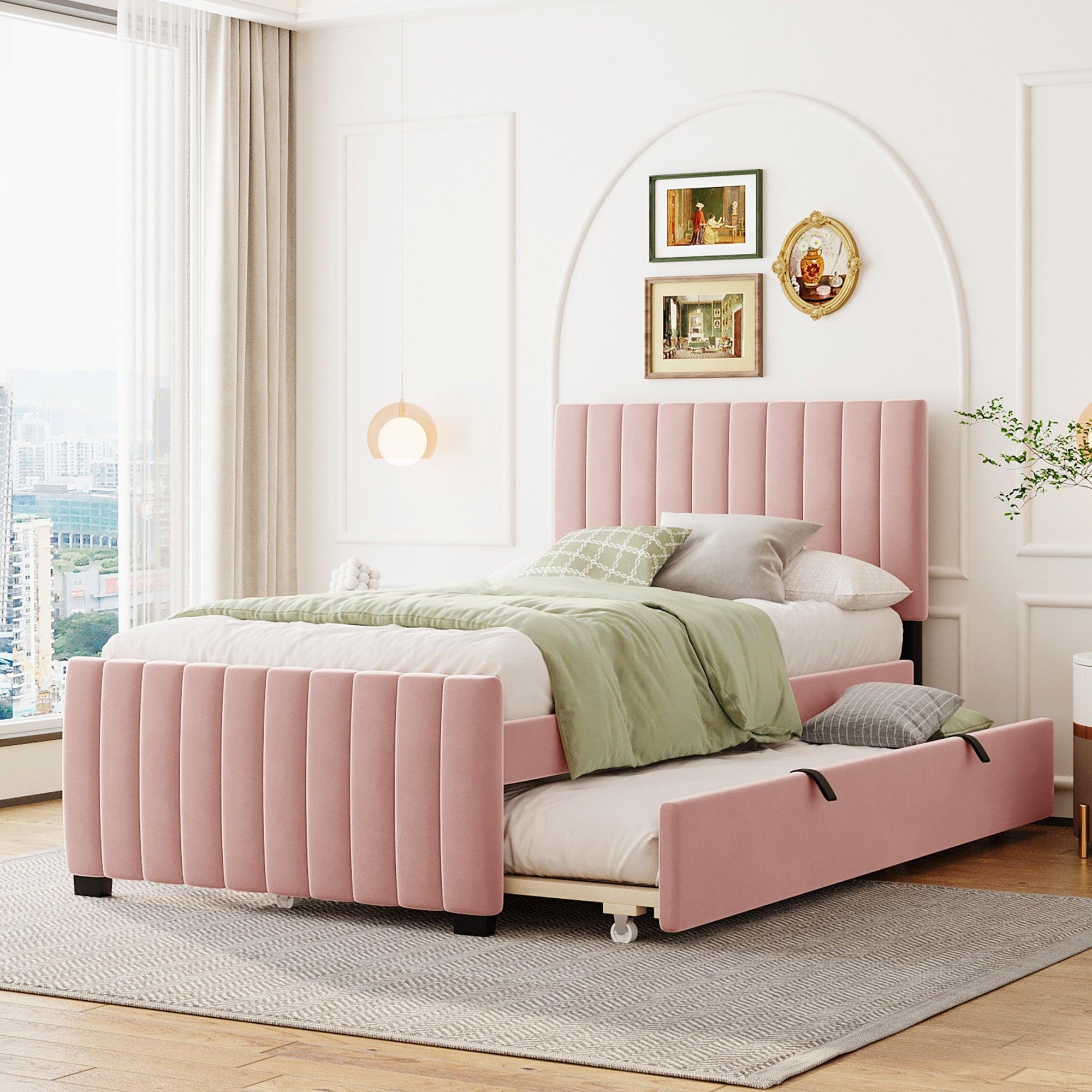 🆓🚛 Twin Size Velvet Upholstered Platform Bed With Twin Size Trundle, Pink