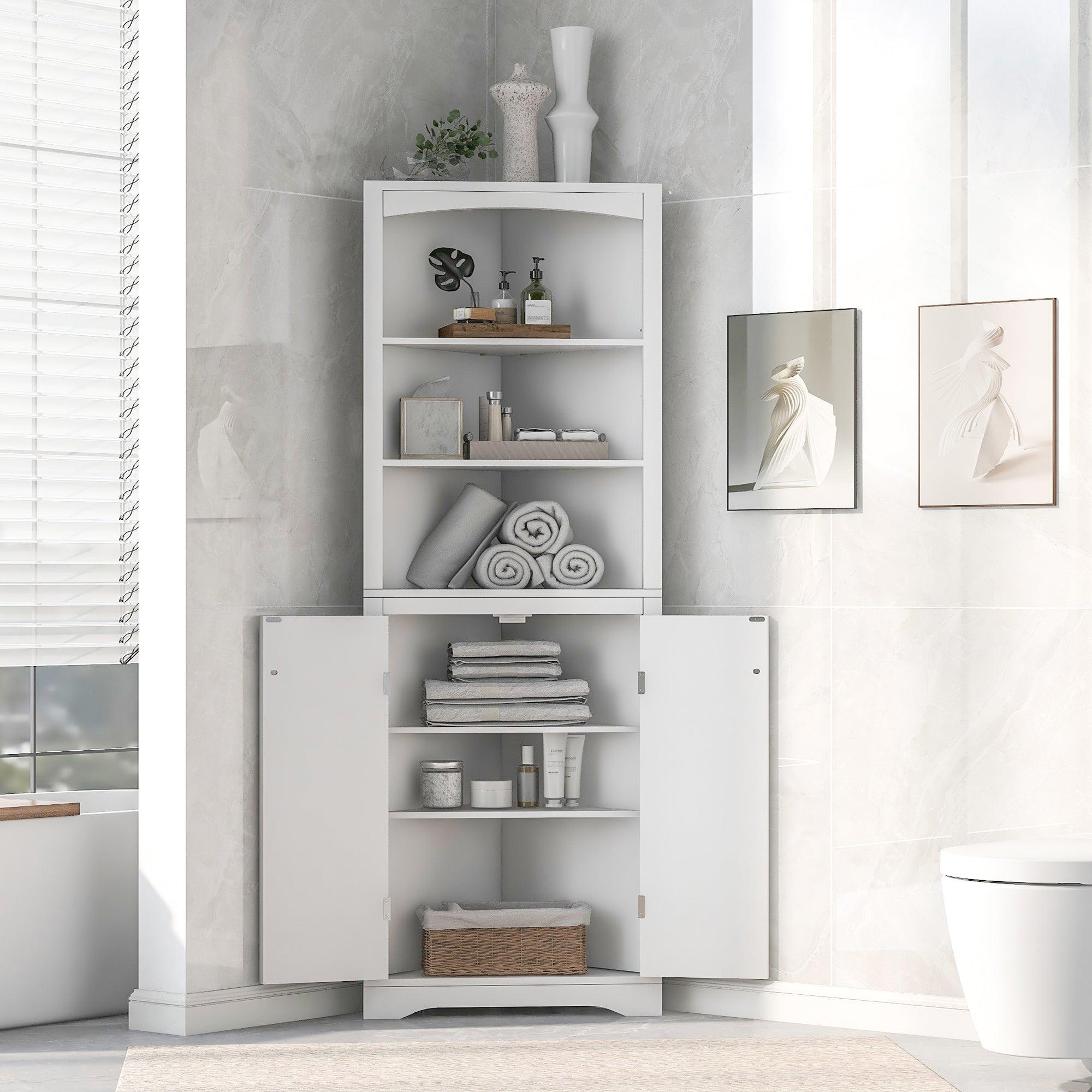 🆓🚛 White Bathroom Storage Corner Cabinet With Adjustable Shelves & Doors, Multi-Functional Tall Storage Cabinet for Kitchen, Living Room Or Entryway