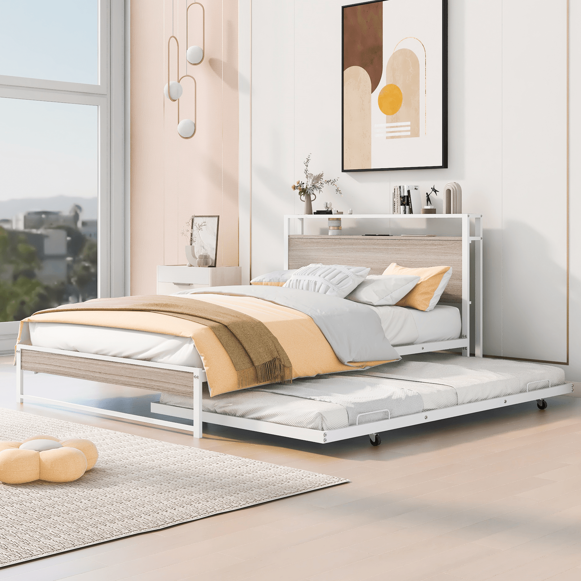 🆓🚛 Full Size Metal Platform Bed Frame With Trundle, Usb Ports and Slat Support, White