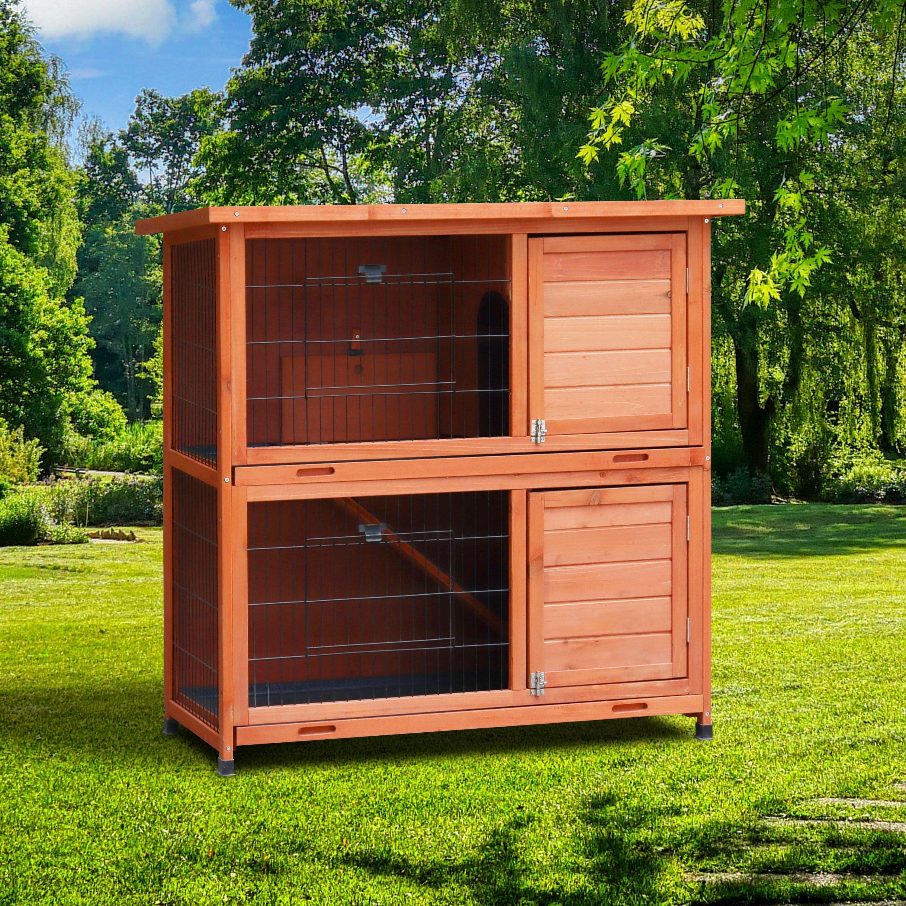 🆓🚛 Rabbit Hutch Outdoor, 2-Story Rabbit Cage Indoor With Run, Bunny Cage With 2 Removable No-Leak Trays, Pet Cages With Non-Slip Ramp, Waterproof Roof, Fence, for Small Animals