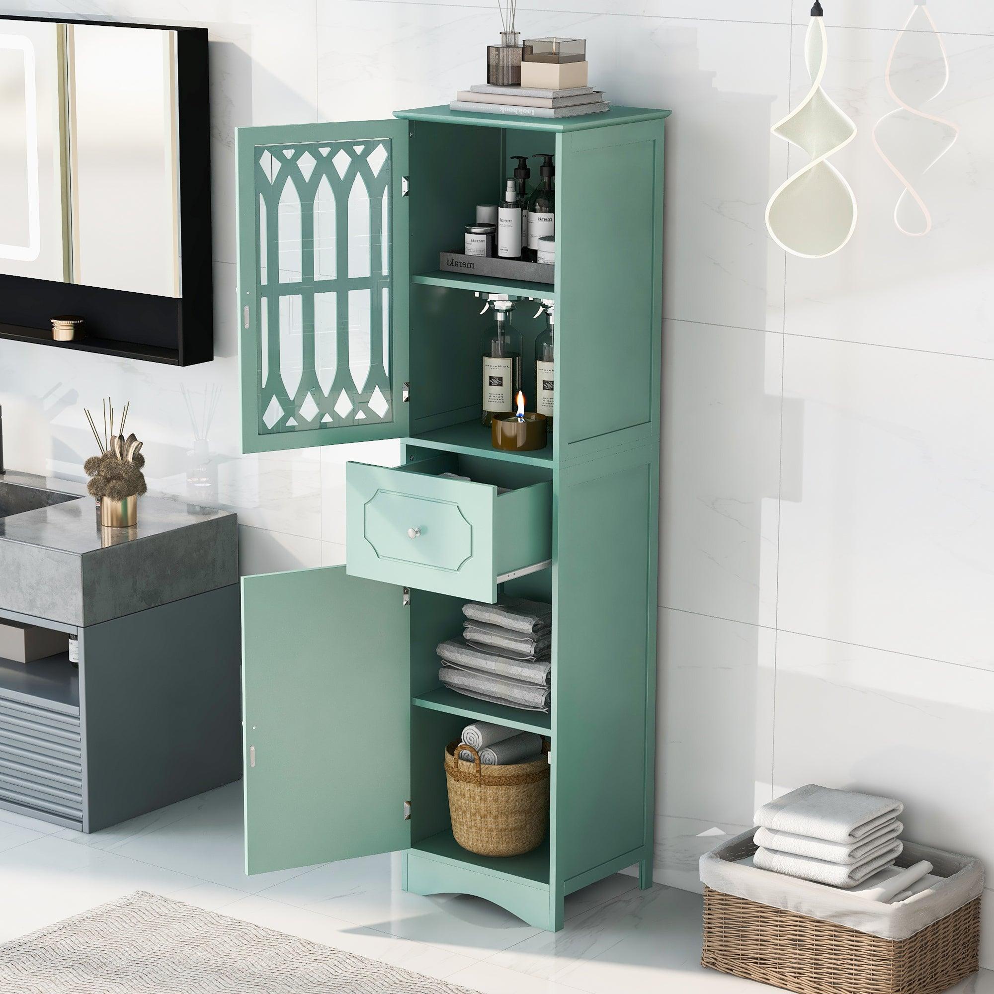 🆓🚛 Tall Bathroom Cabinet, Freestanding Storage Cabinet With Drawer & Doors, Acrylic Door, Adjustable Shelf, Green