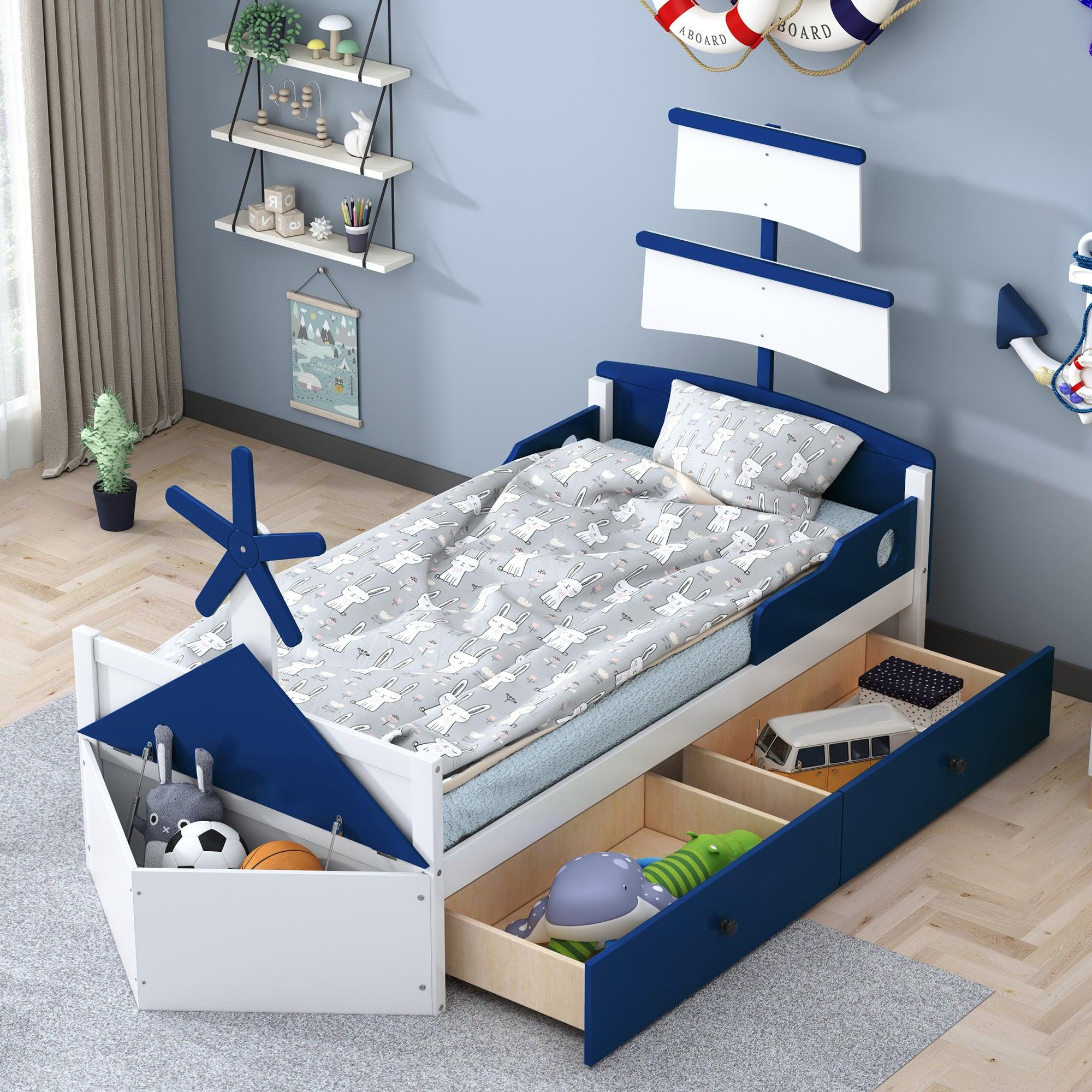 🆓🚛 Twin Size Boat-Shaped Platform Bed With 2 Drawers, Twin Bed With Storage for Bedroom, Blue