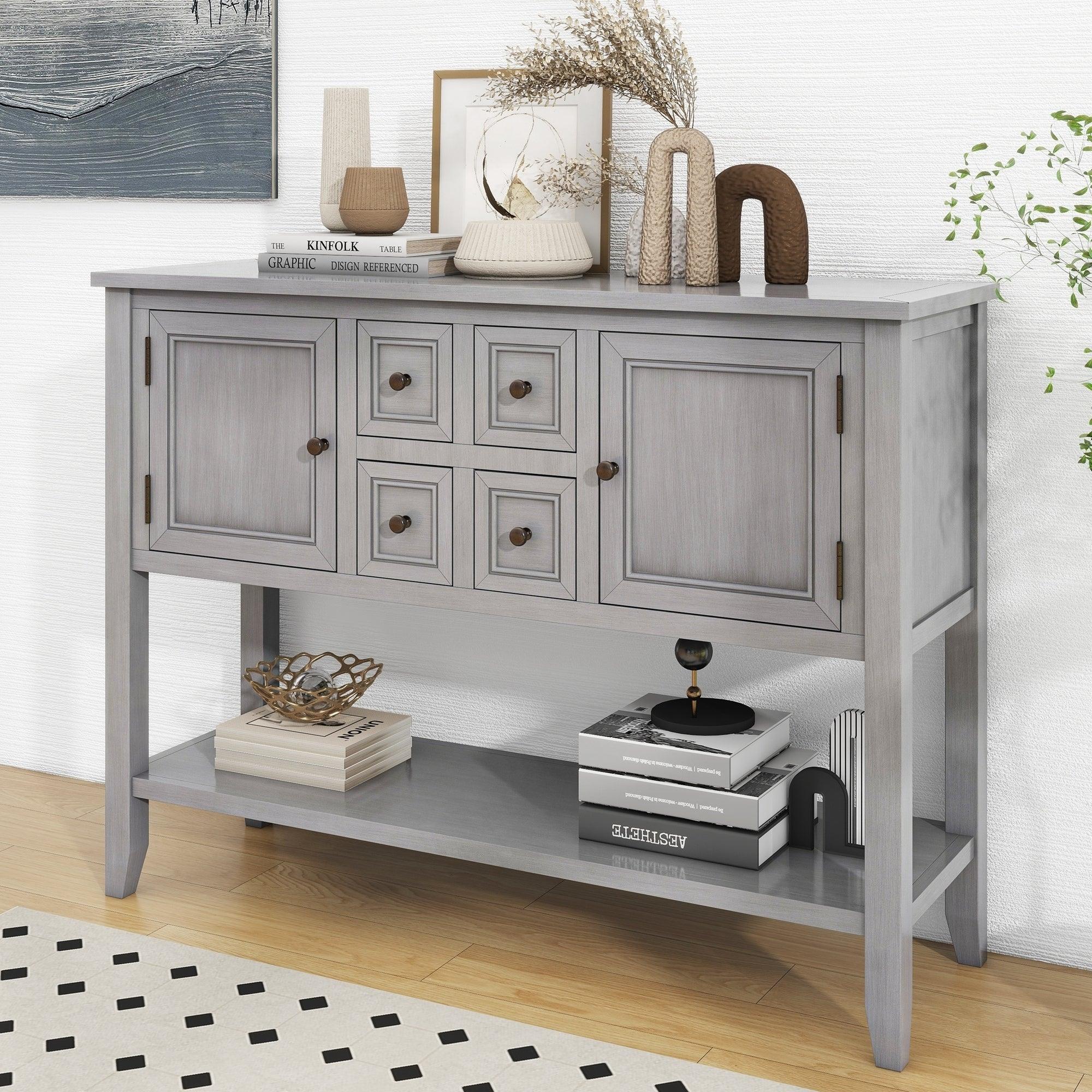 🆓🚛 Cambridge Series Ample Storage Vintage Console Table With Four Small Drawers & Bottom Shelf for Living Rooms, Entrances & Kitchens, Antique Gray